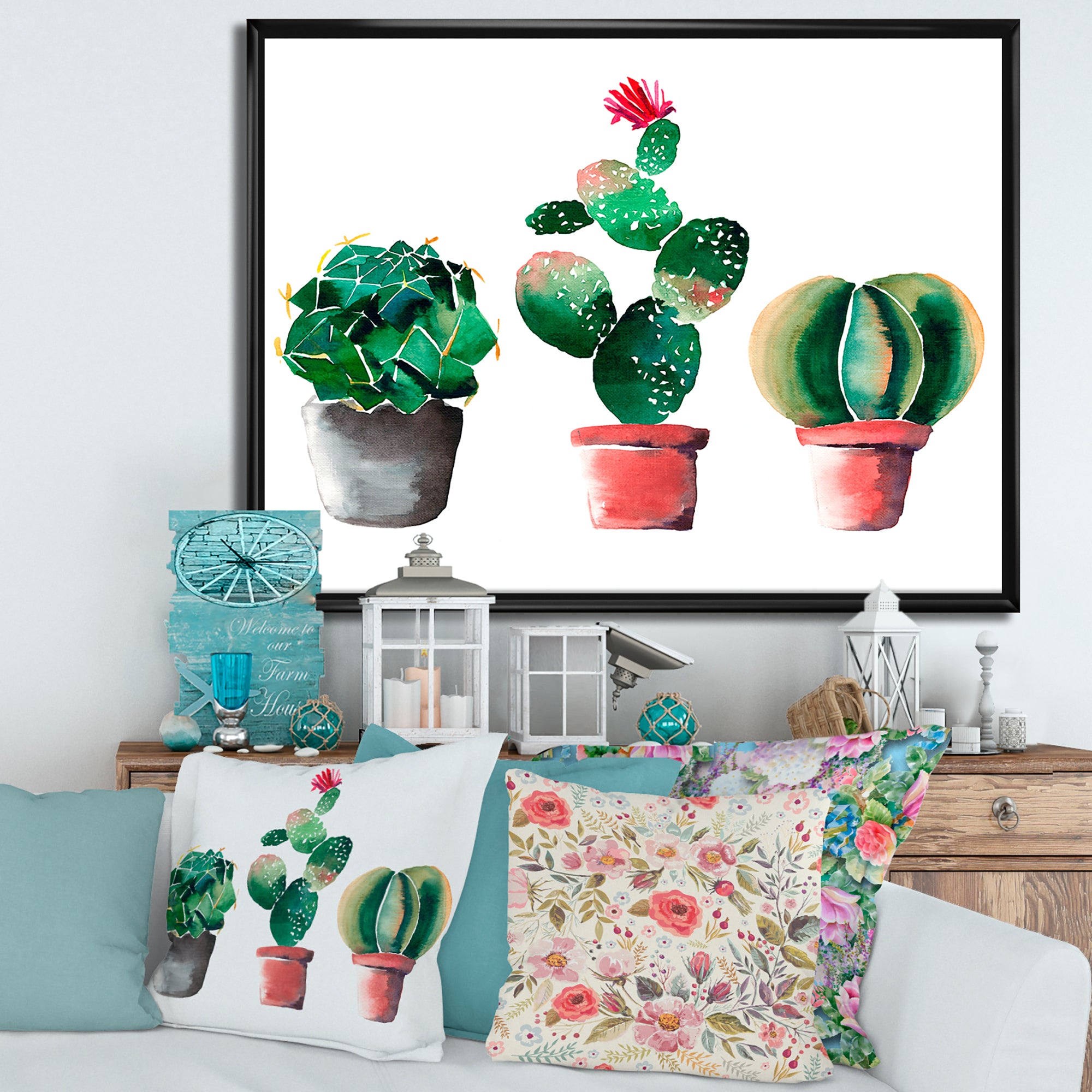 Three Cactus In Clay Pots
