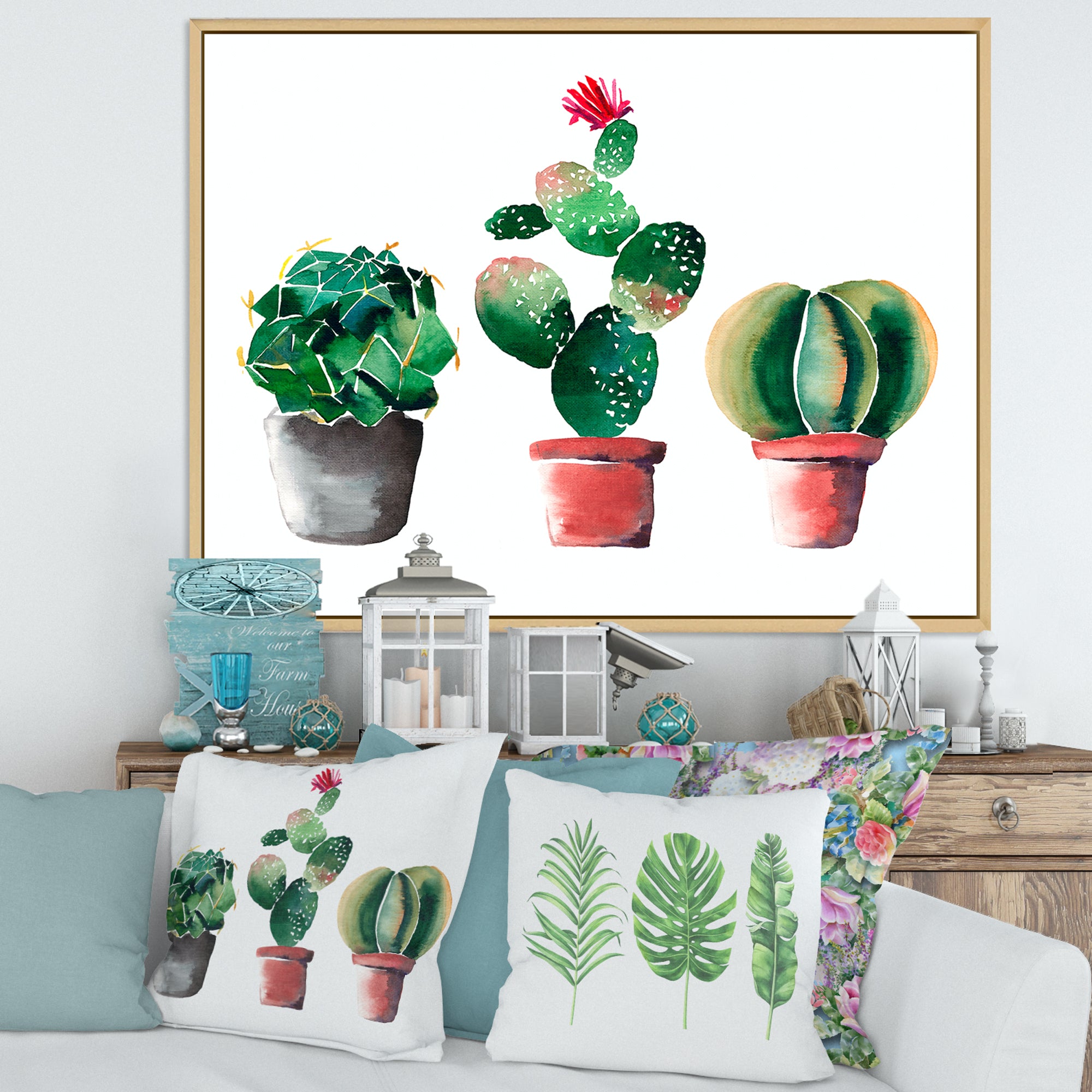 Three Cactus In Clay Pots