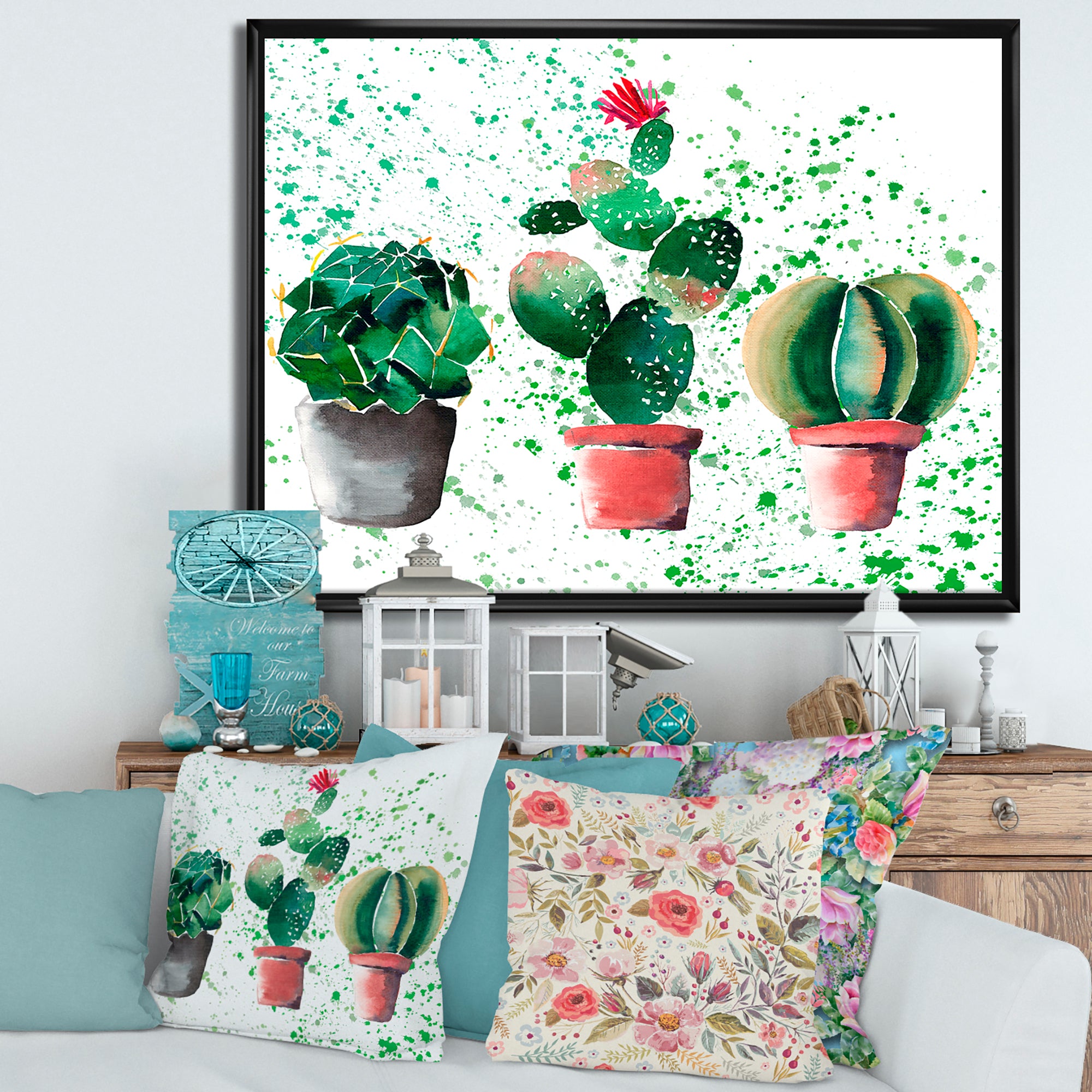 Three Cacti In Clay Pots
