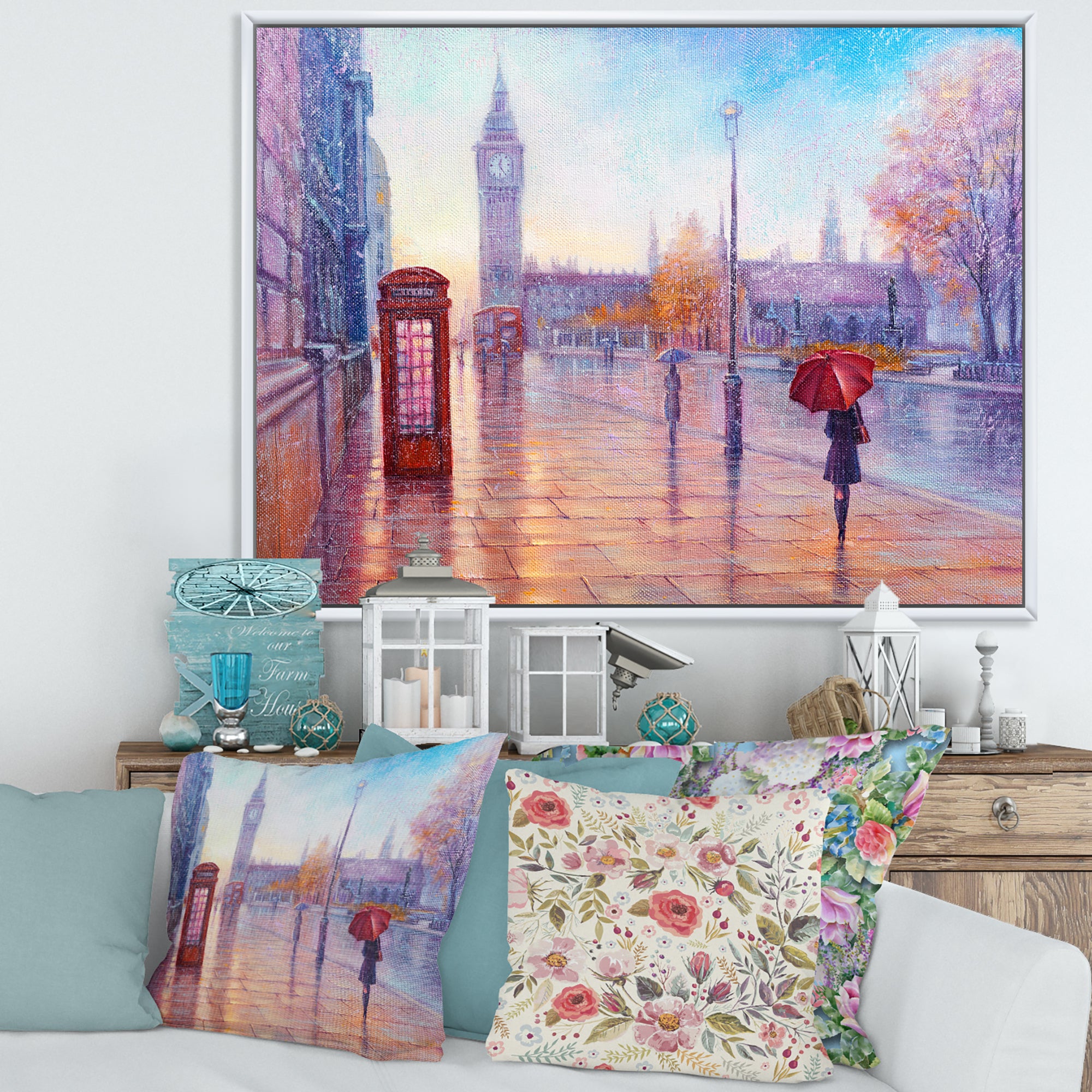 Big Ben and Woman With Red Umbrella In London