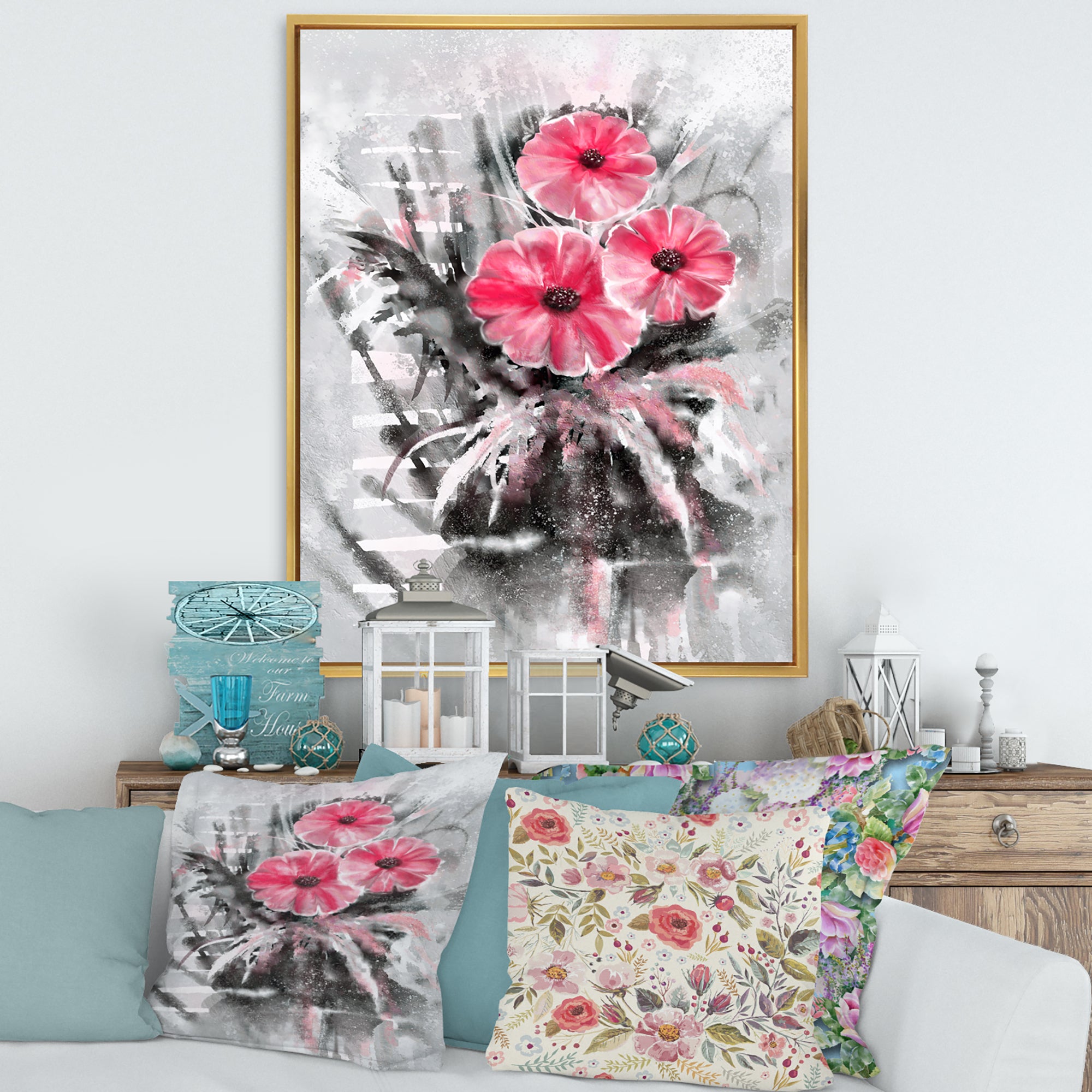 Abstract Red Flowers On Gray
