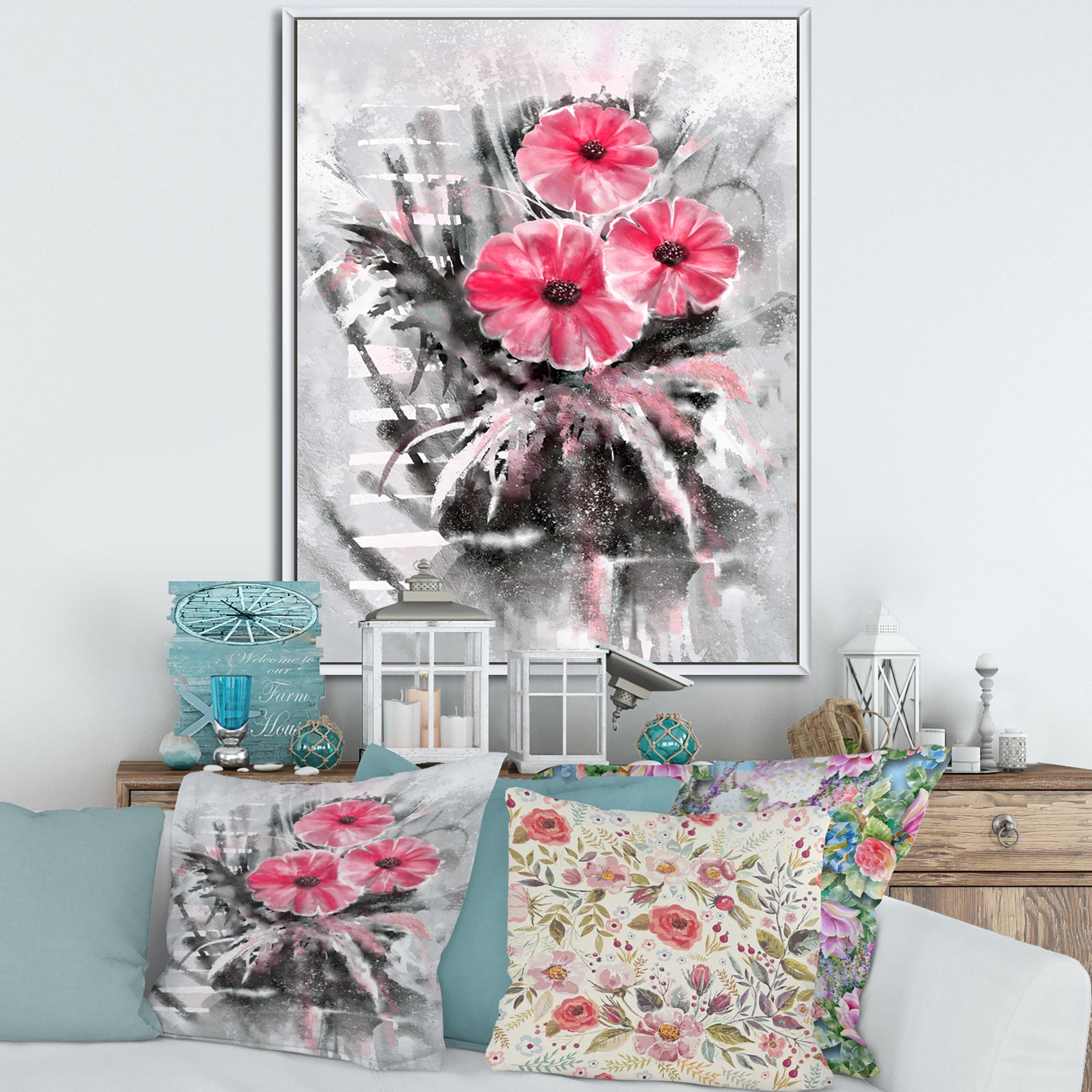 Abstract Red Flowers On Gray