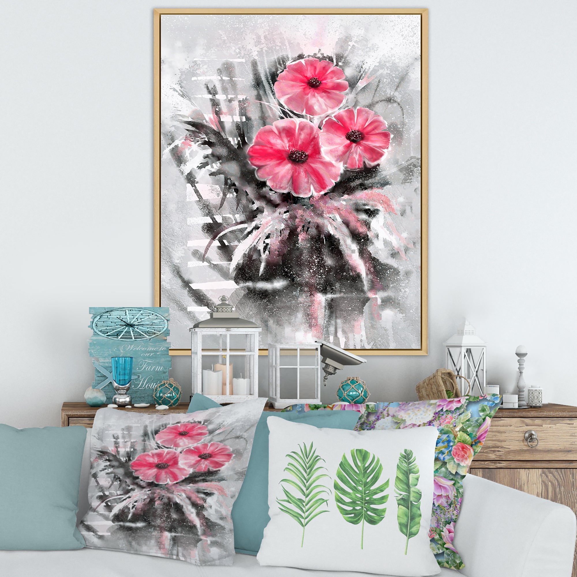 Abstract Red Flowers On Gray