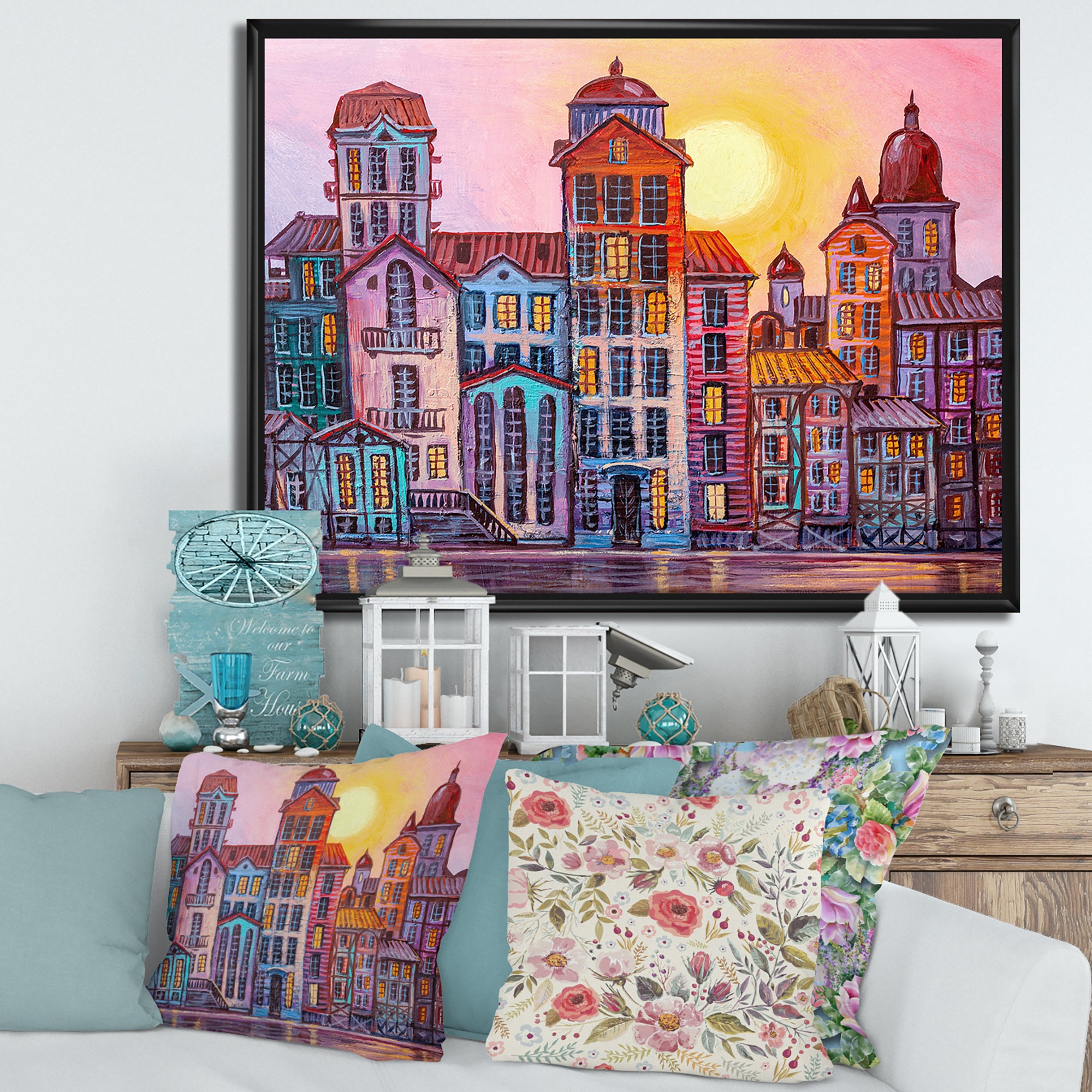 Street Scene In Old Town With Colorful Buildings