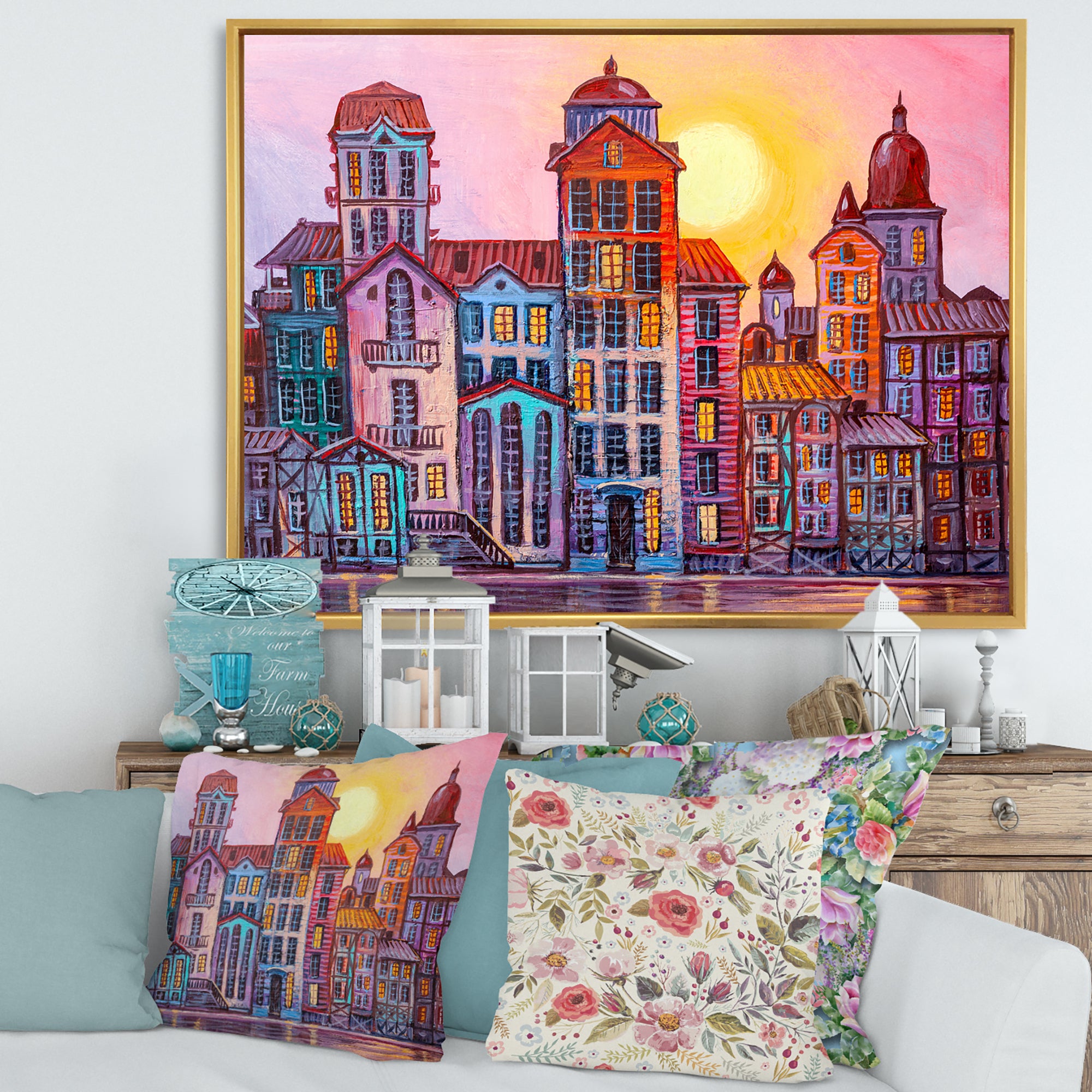 Street Scene In Old Town With Colorful Buildings