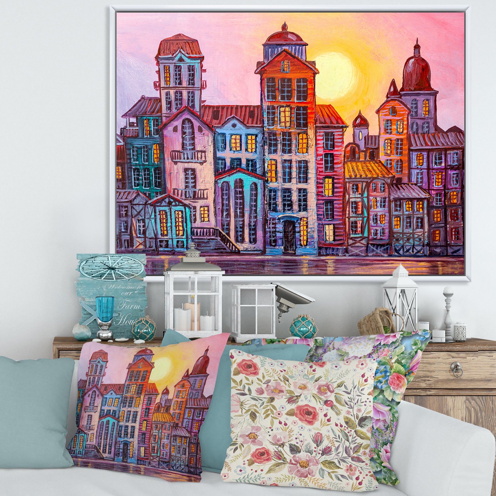 Street Scene In Old Town With Colorful Buildings