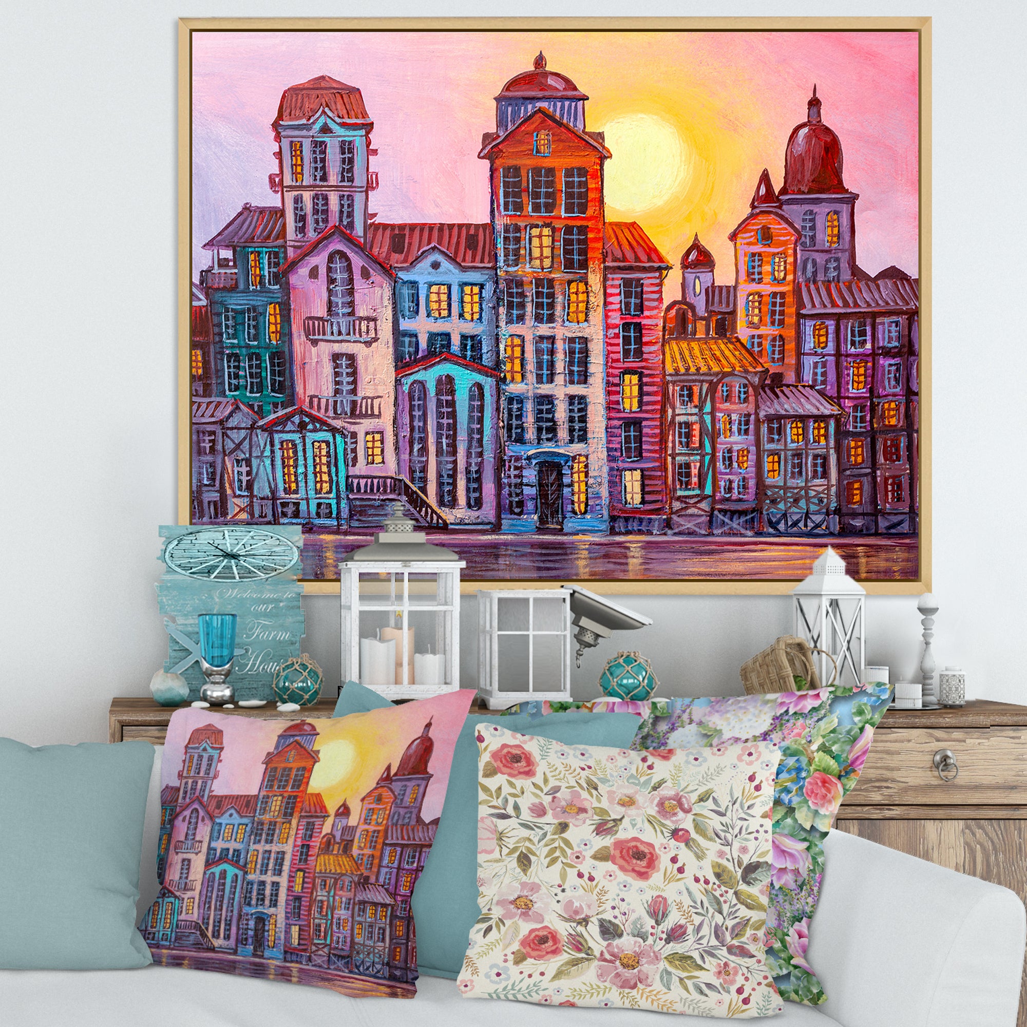 Street Scene In Old Town With Colorful Buildings