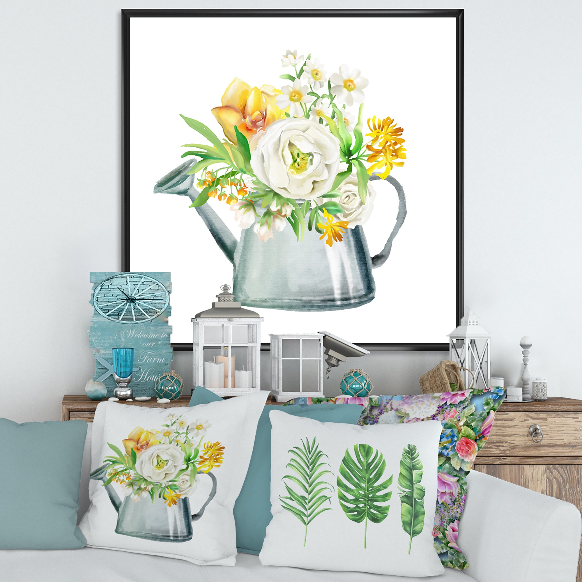 Roses Peonies & Marigolds In Garden Watering Can