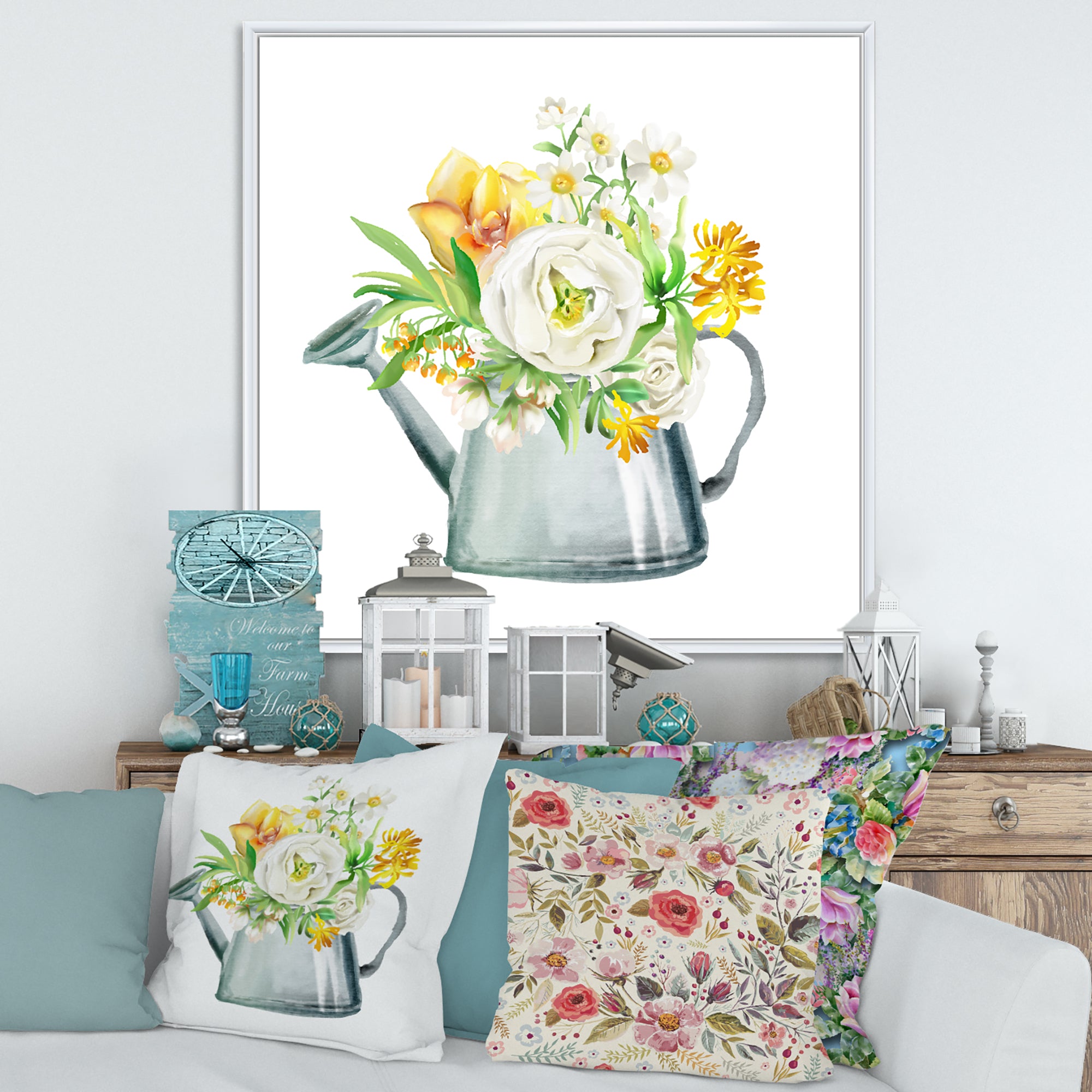 Roses Peonies & Marigolds In Garden Watering Can