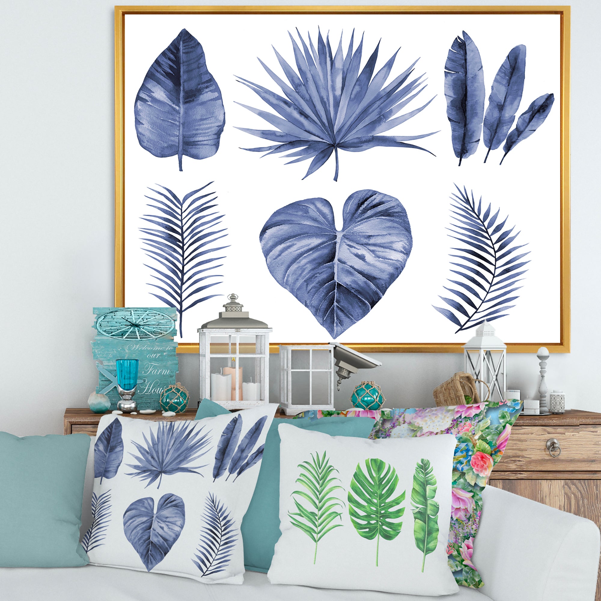 Tropical Blue Watercolour Leaves IV