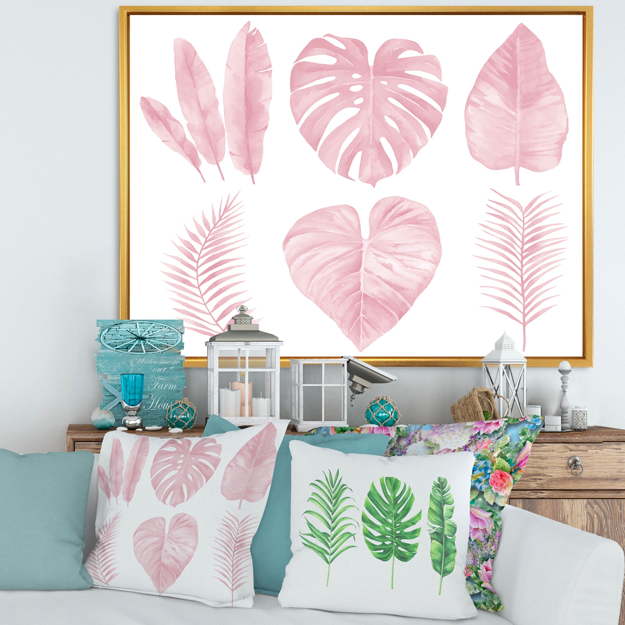 Tropical Pink Watercolour Leaves I