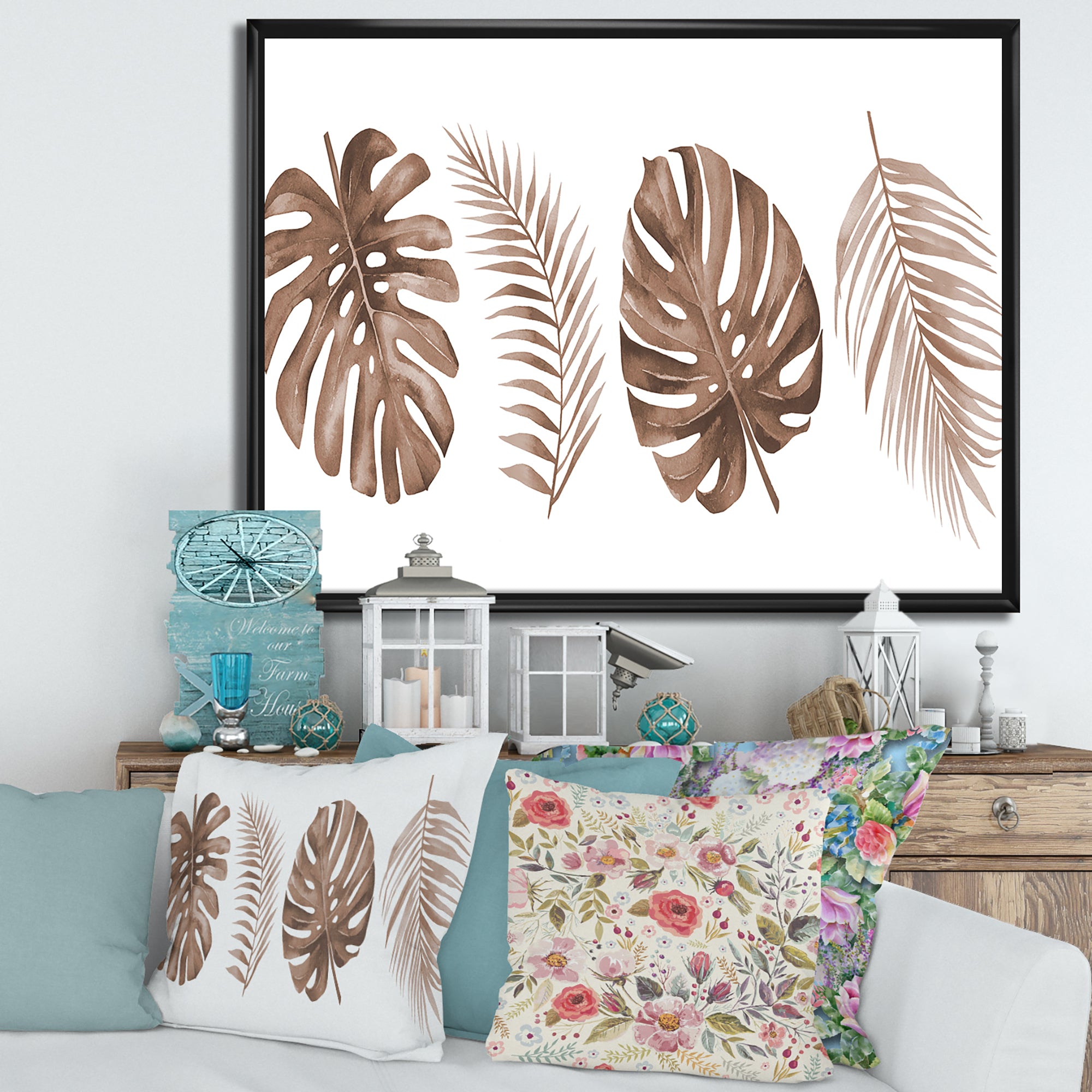 Tropical Monstera and Palm Leaf In Terracotta