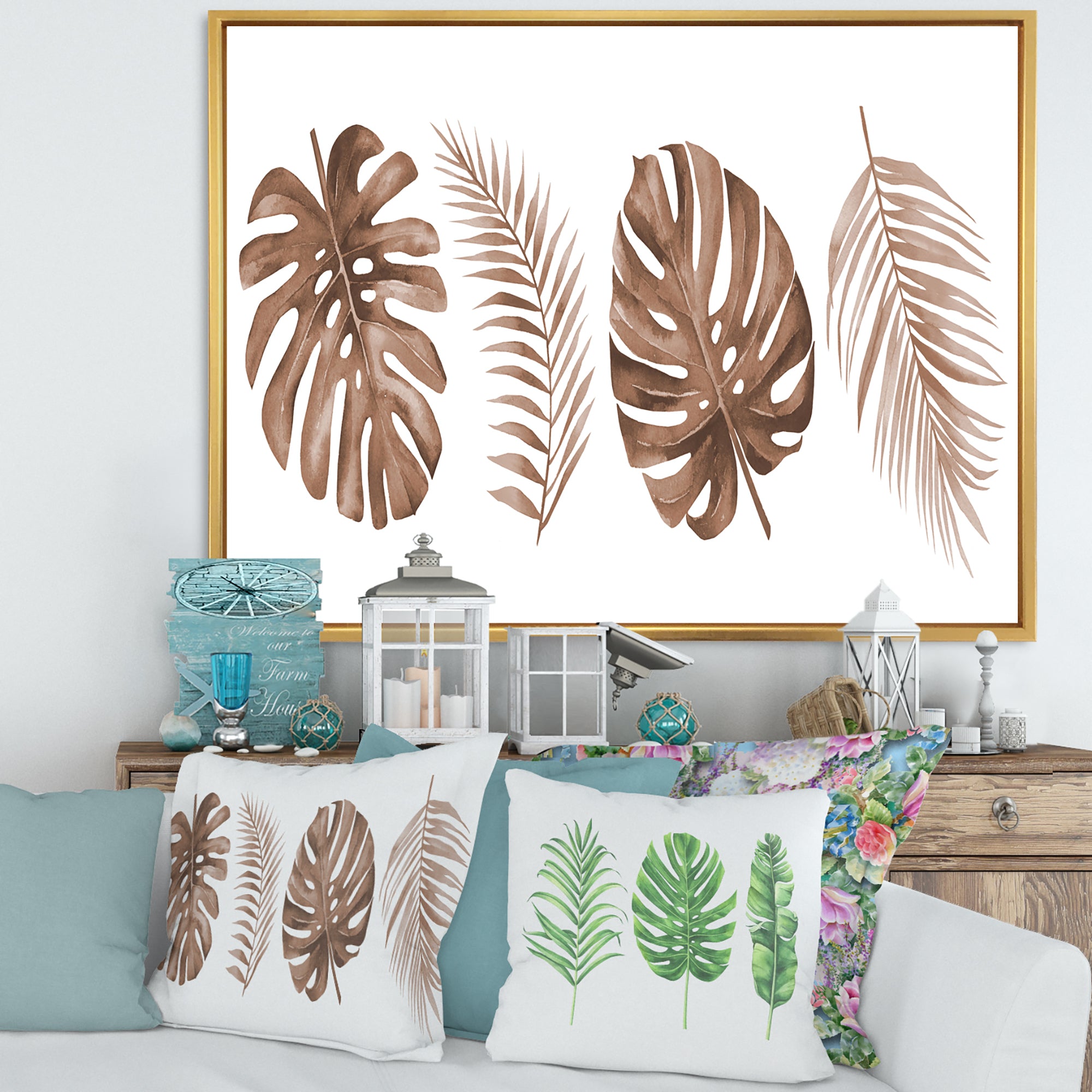 Tropical Monstera and Palm Leaf In Terracotta