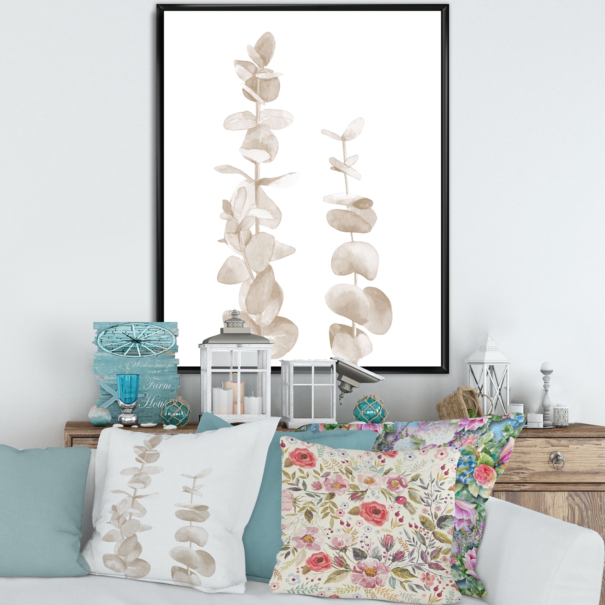 Beige Eucalyptus Branches On White