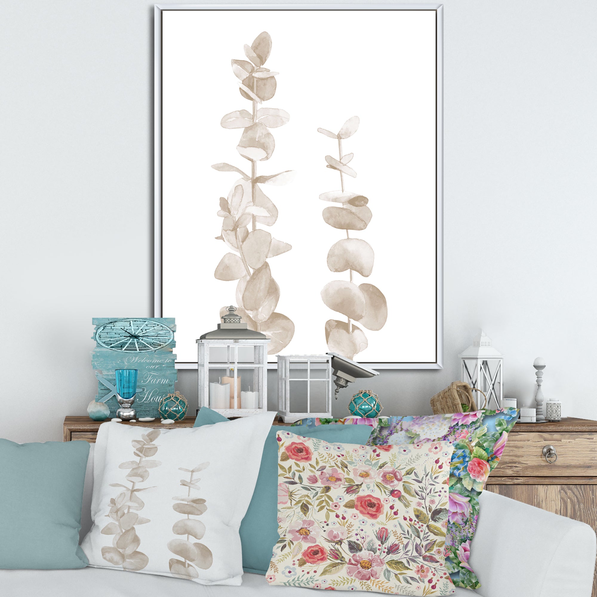 Beige Eucalyptus Branches On White