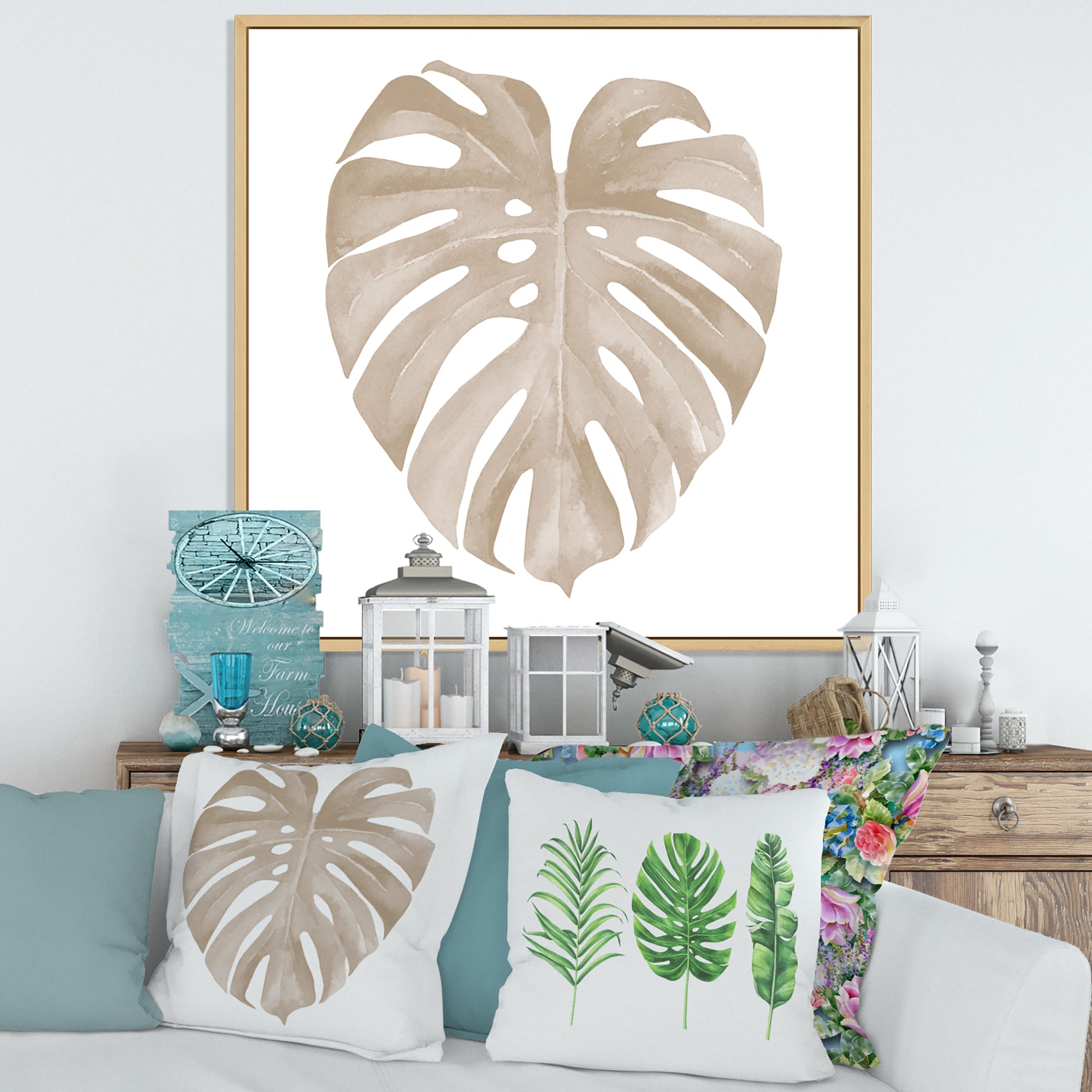 Ivory Pastel Monstera Heart Shaped Tropical Leaf