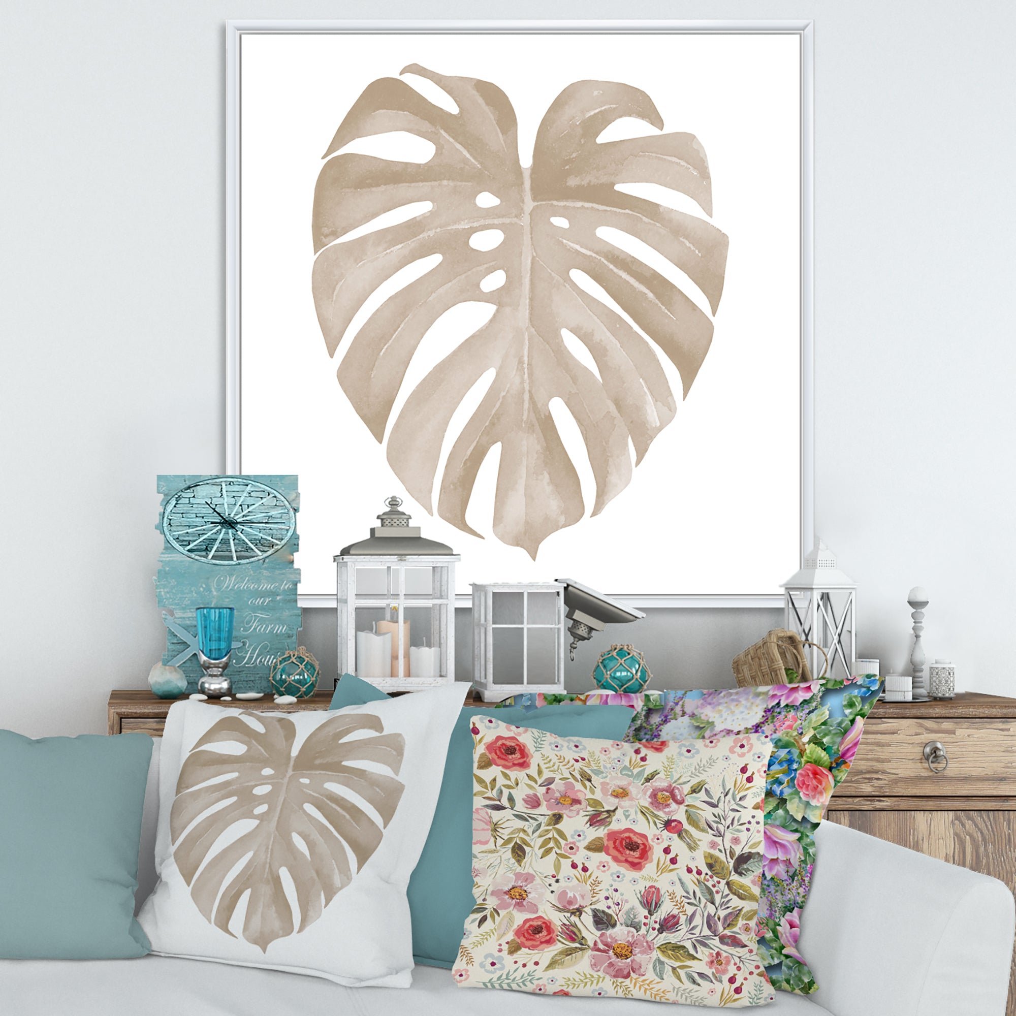 Ivory Pastel Monstera Heart Shaped Tropical Leaf