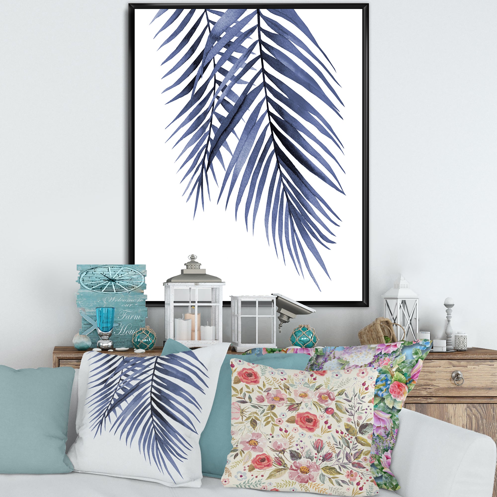 Blue Palm Leaves Abstract Tropical Branches