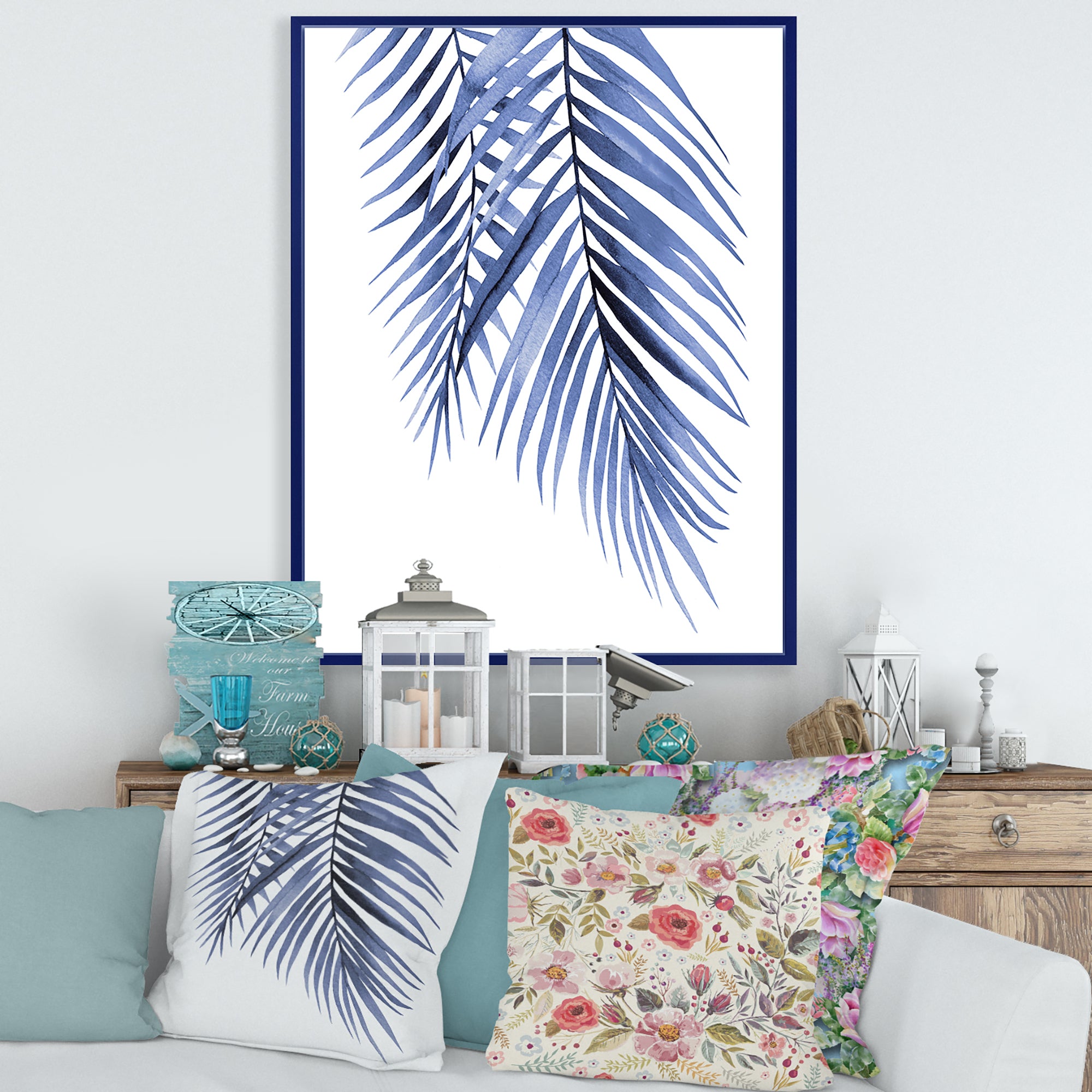 Blue Palm Leaves Abstract Tropical Branches