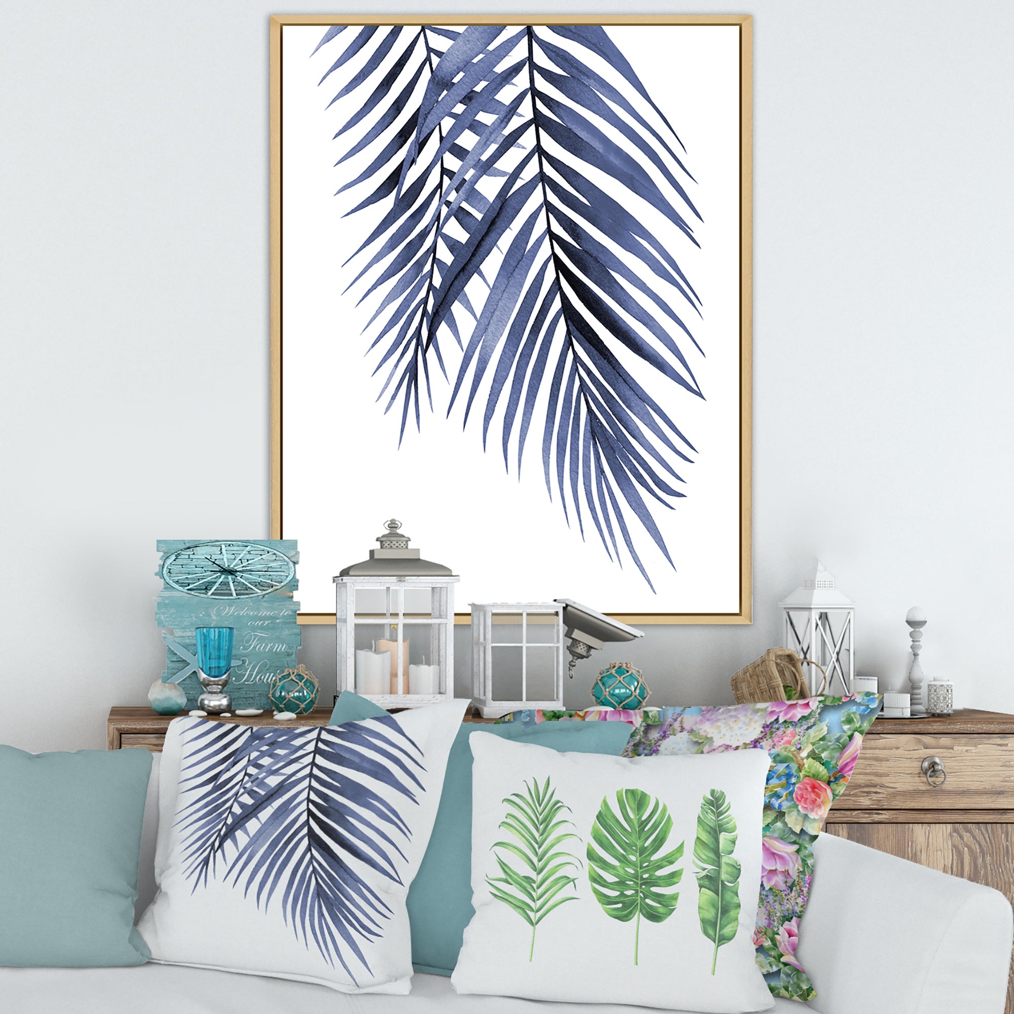 Blue Palm Leaves Abstract Tropical Branches