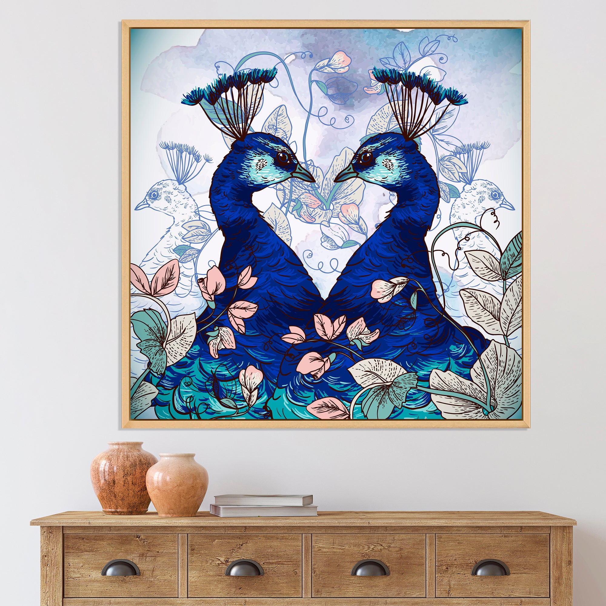 Two Blue Peacocks With Wildflowers