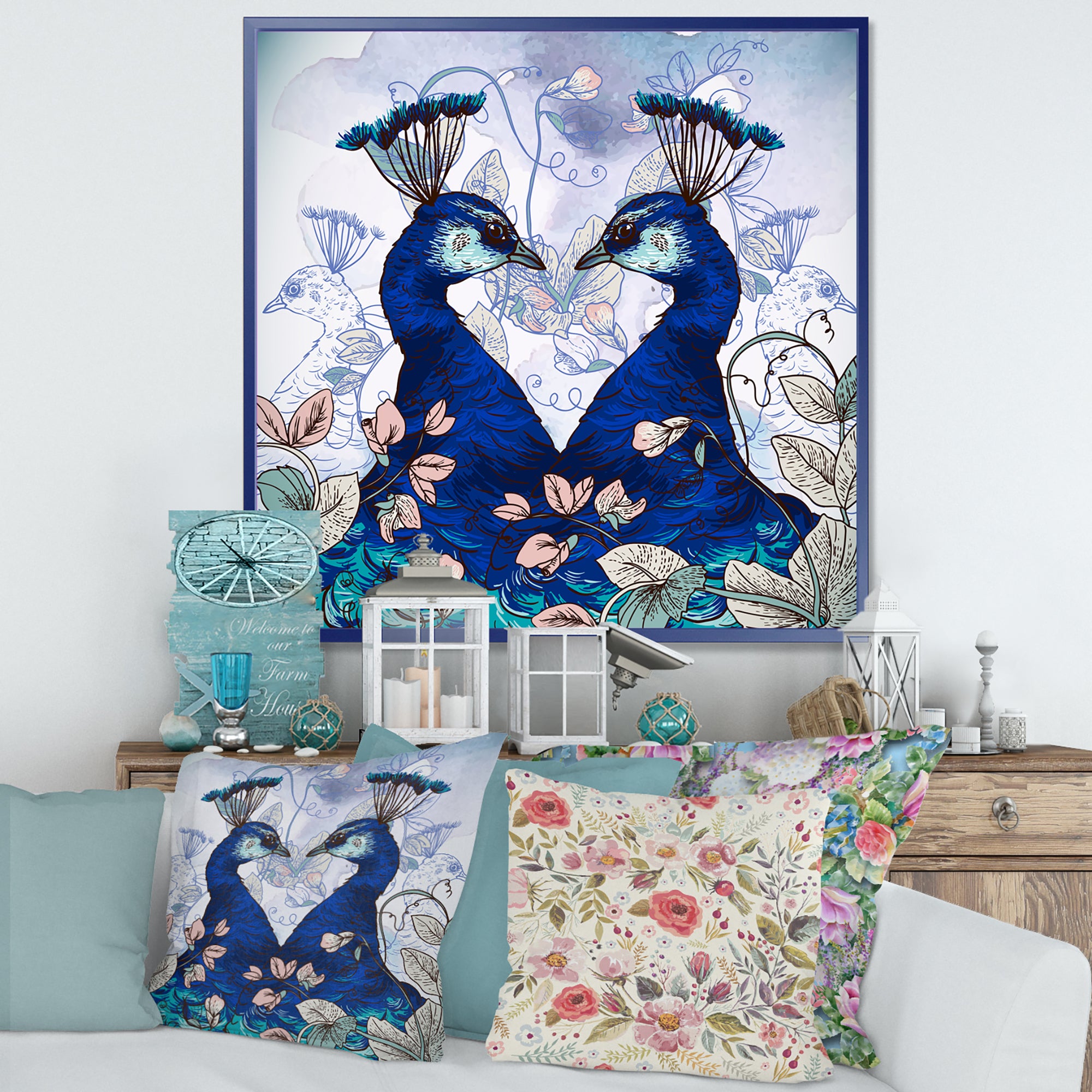 Two Blue Peacocks With Wildflowers