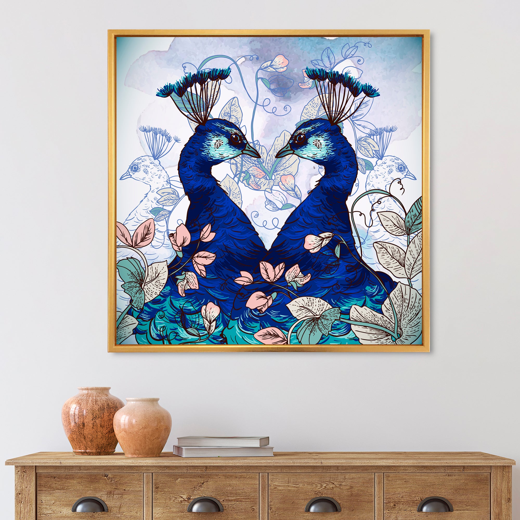 Two Blue Peacocks With Wildflowers