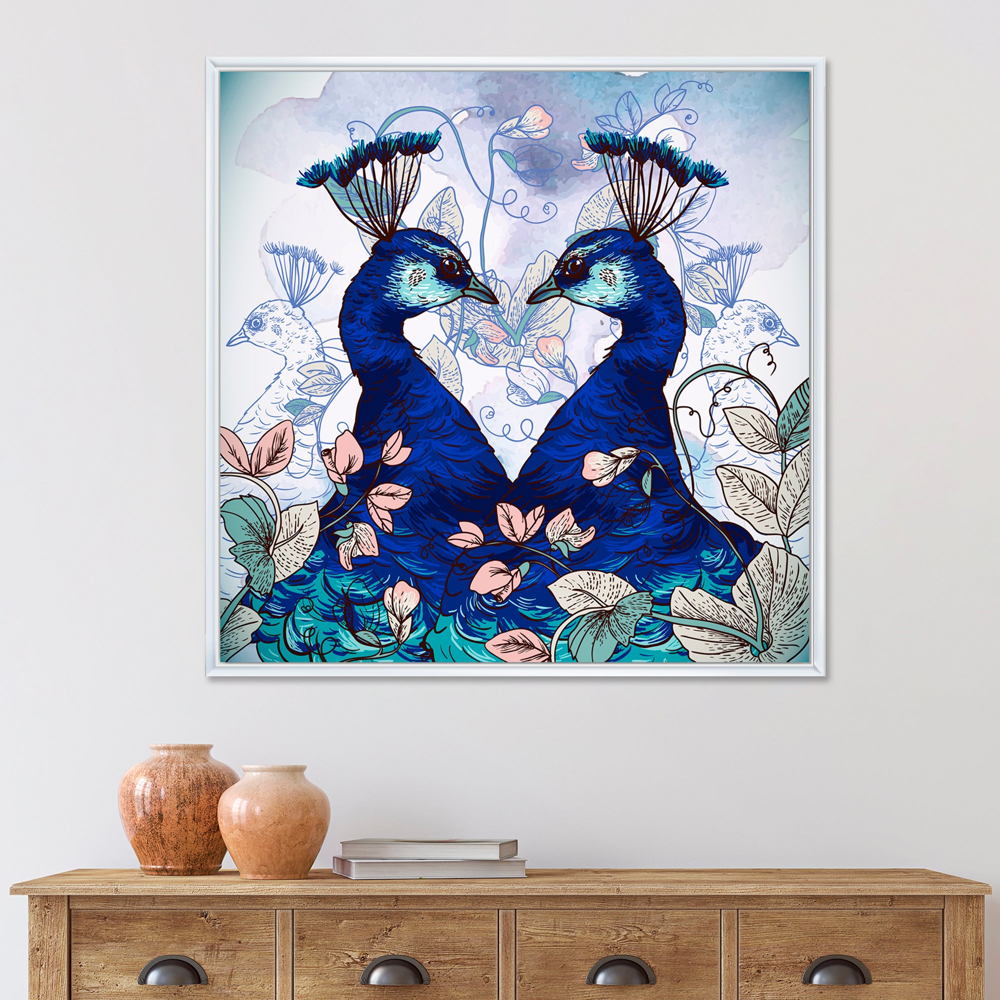 Two Blue Peacocks With Wildflowers