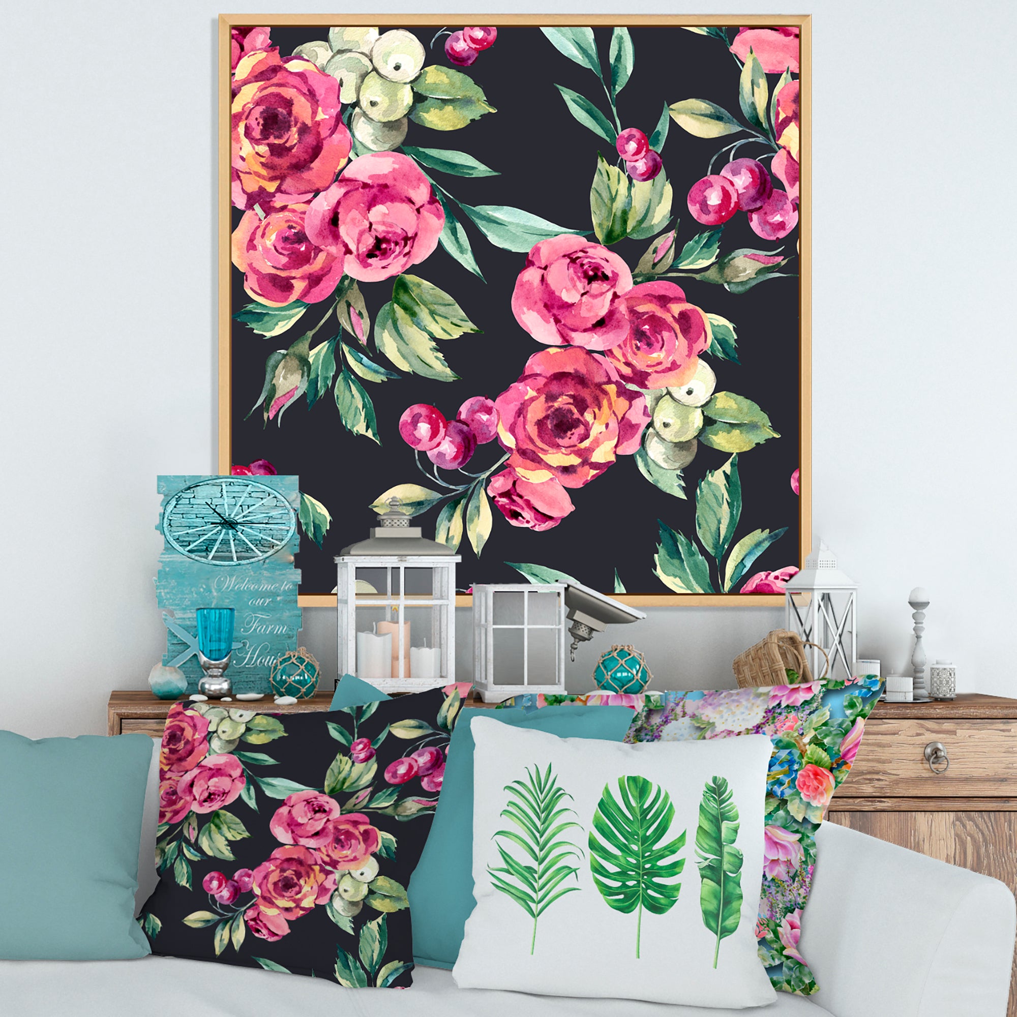 Red VIntage Roses and Berries On Black