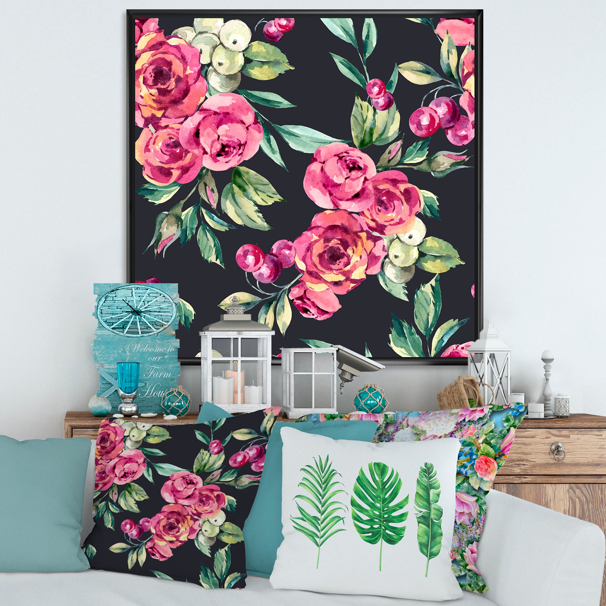 Red VIntage Roses and Berries On Black