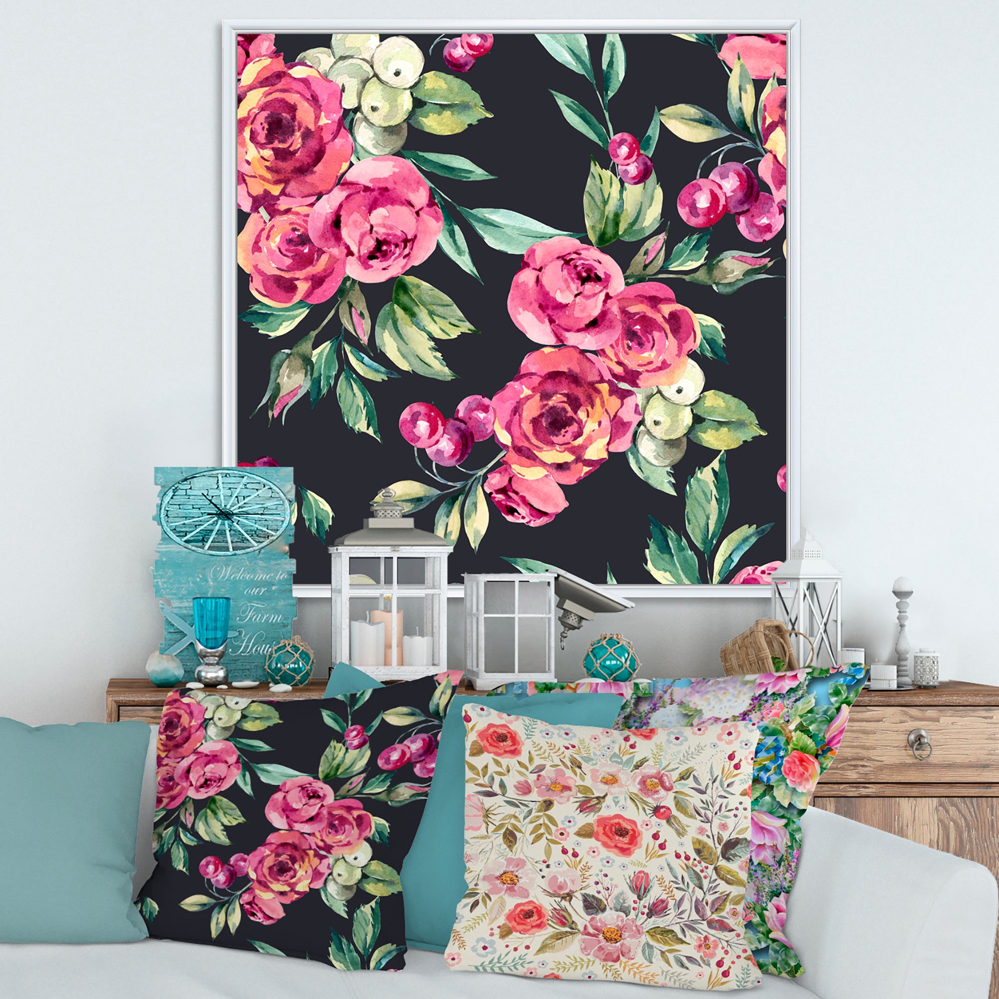 Red VIntage Roses and Berries On Black