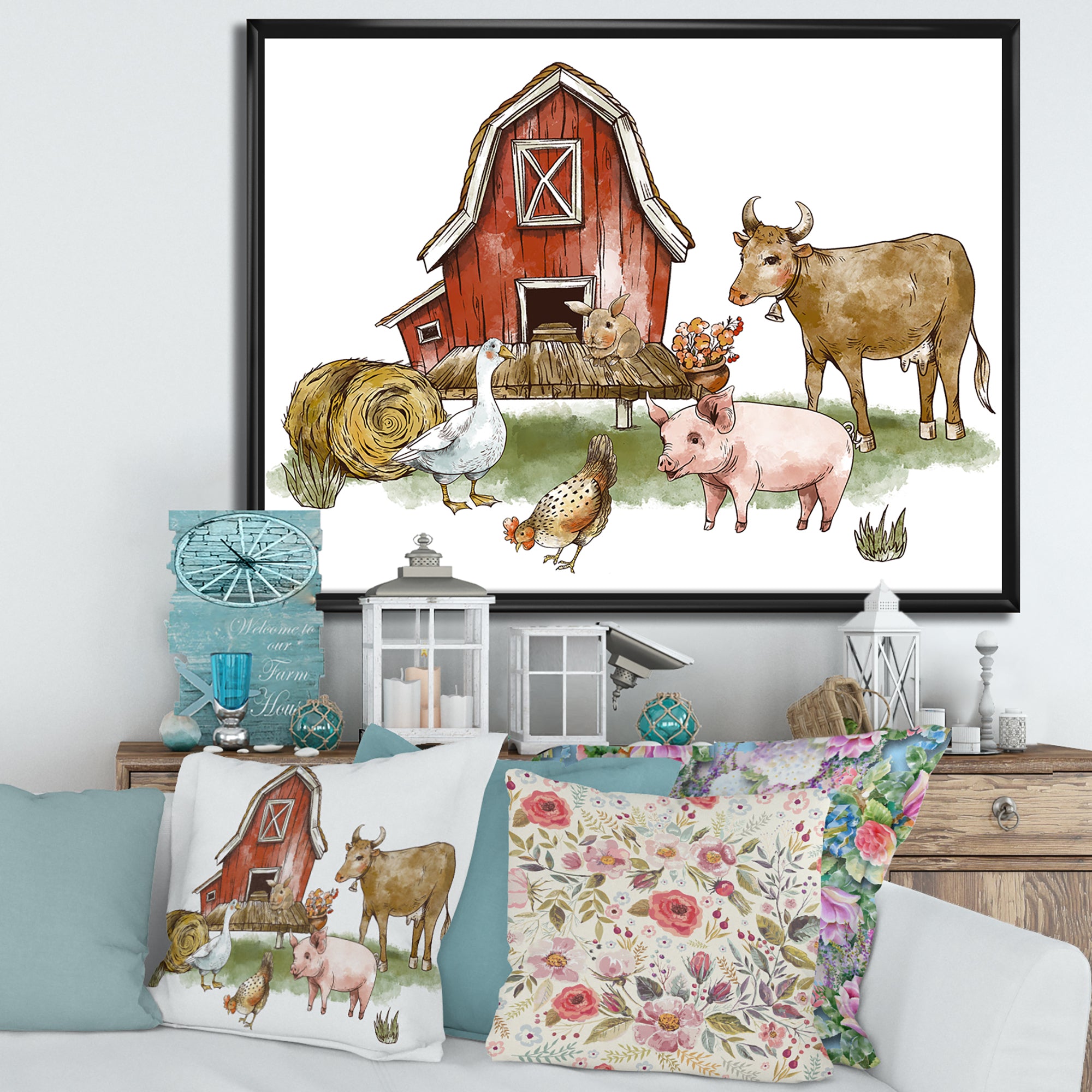 Farm House With Goose Chicken Cow Pig and Haystack