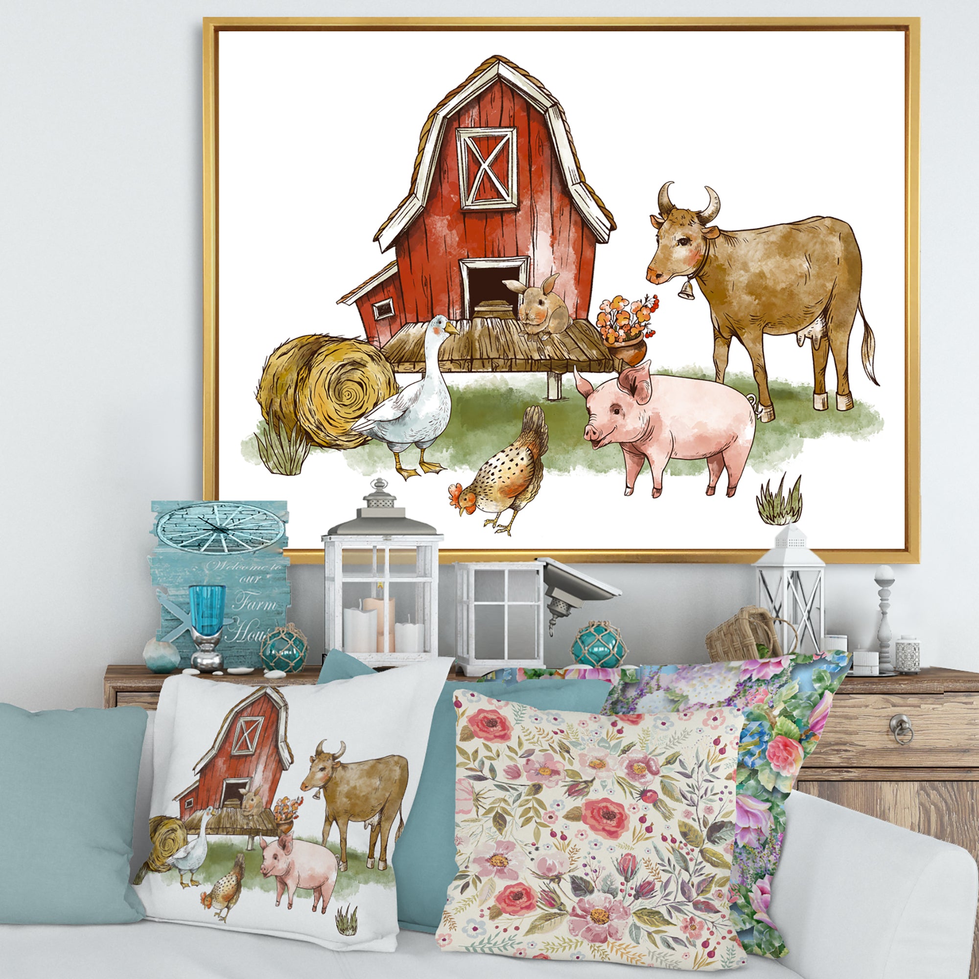 Farm House With Goose Chicken Cow Pig and Haystack