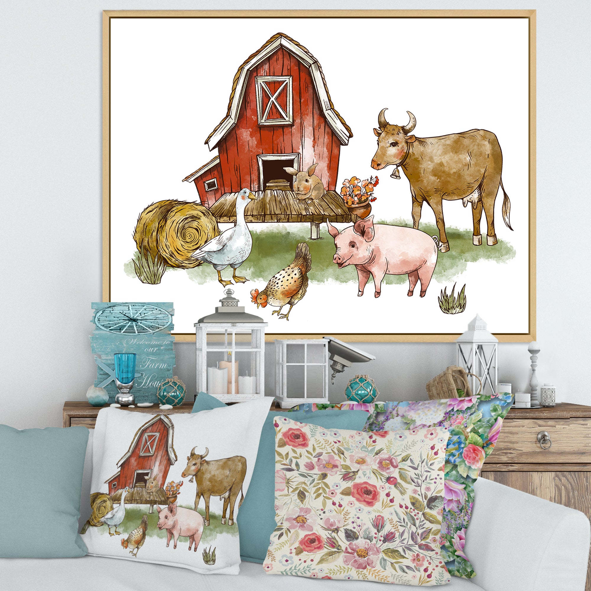 Farm House With Goose Chicken Cow Pig and Haystack