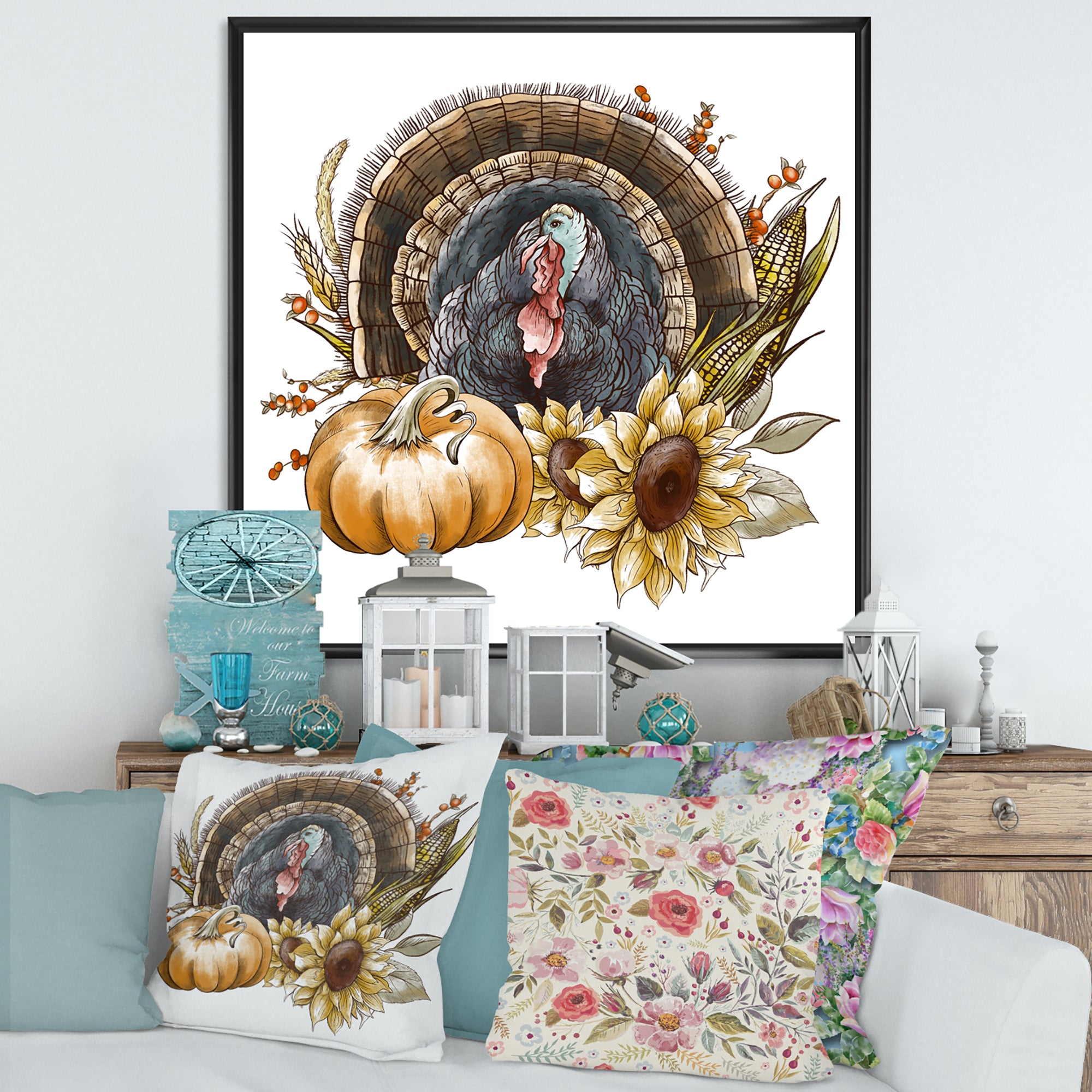 Thanksgiving Vintage Turkey Sunflowers and Pumpkin