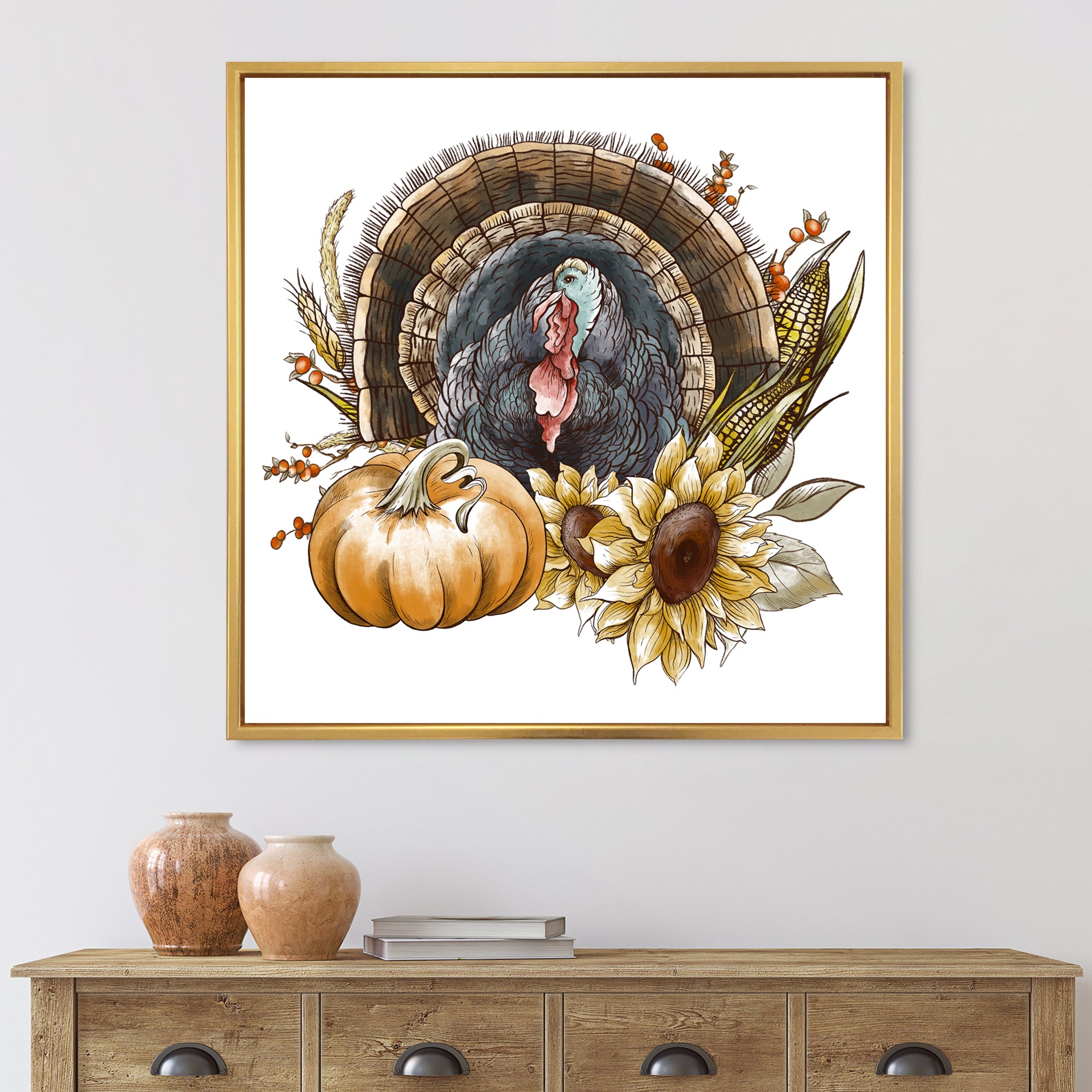 Thanksgiving Vintage Turkey Sunflowers and Pumpkin
