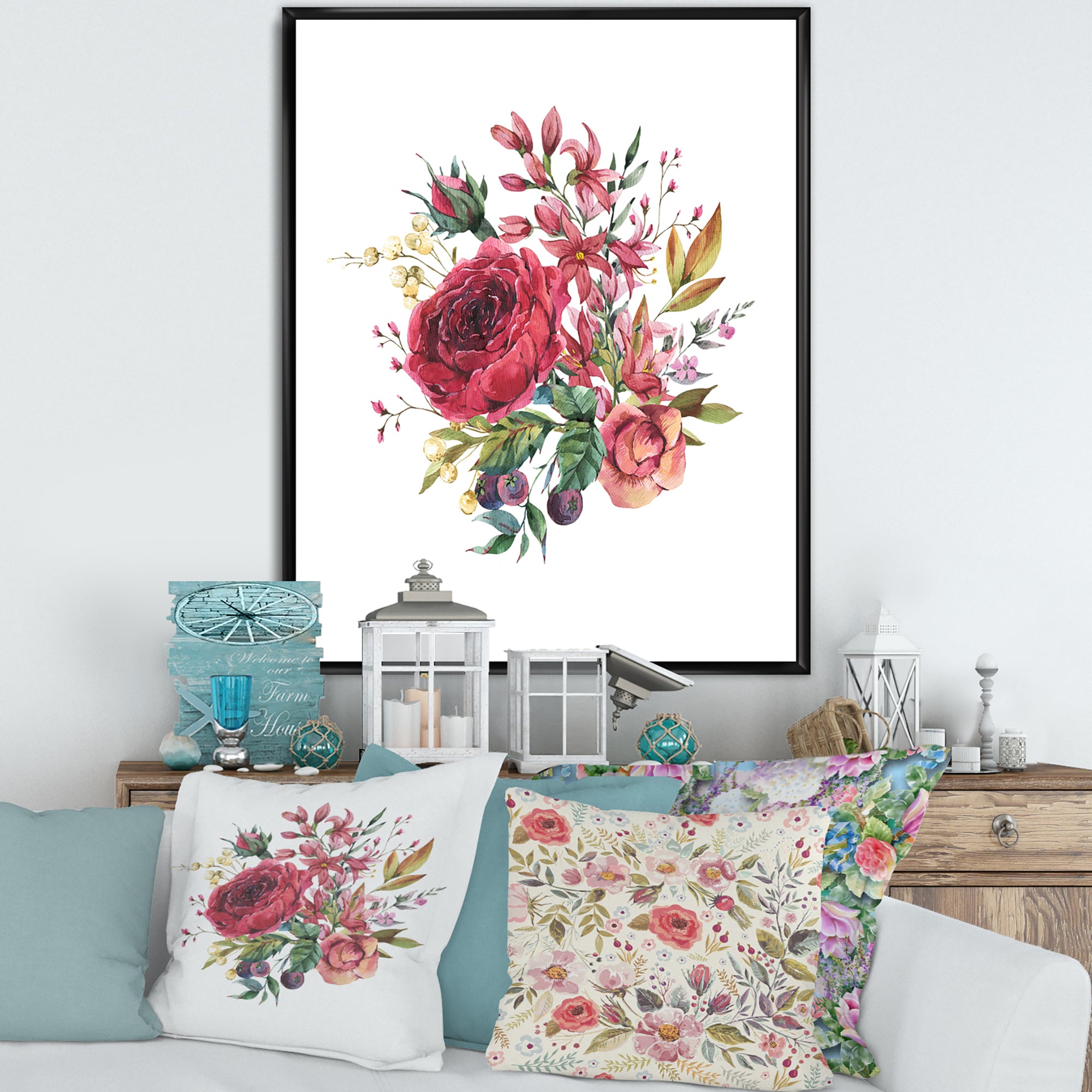 Vintage Burgundy Rose and Wildflowers