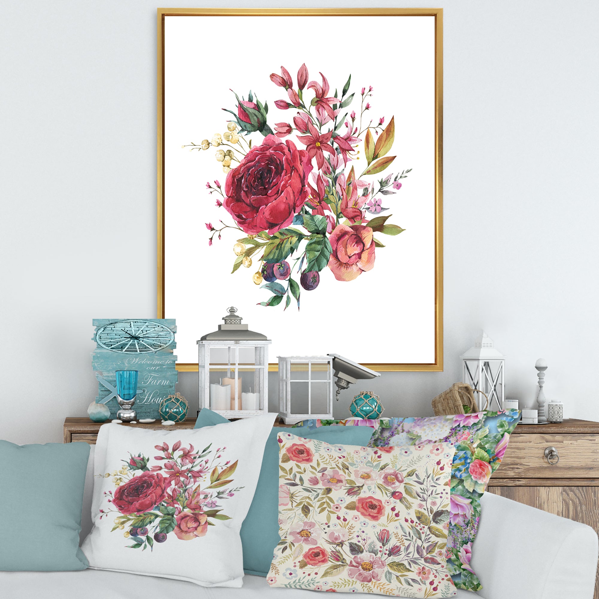 Vintage Burgundy Rose and Wildflowers