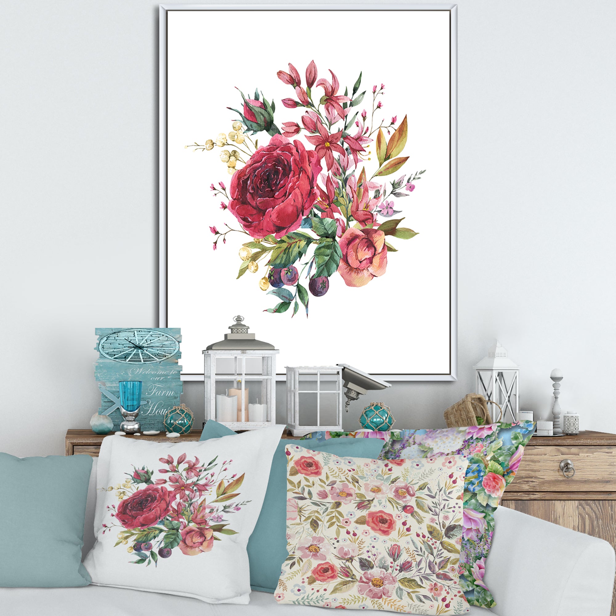 Vintage Burgundy Rose and Wildflowers