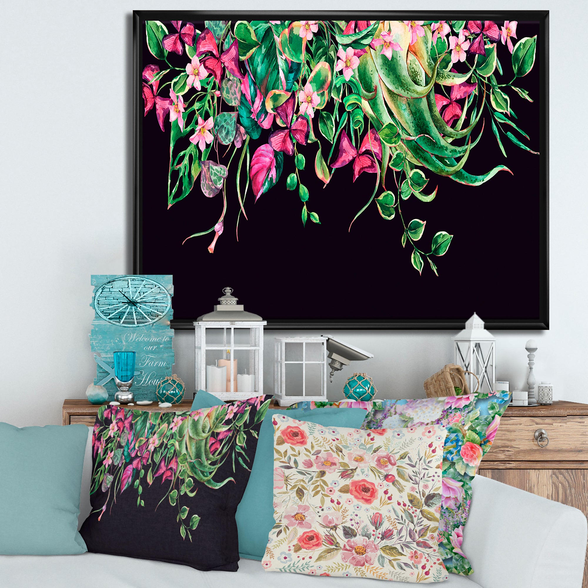 Floral Tropical Leaves Om Black