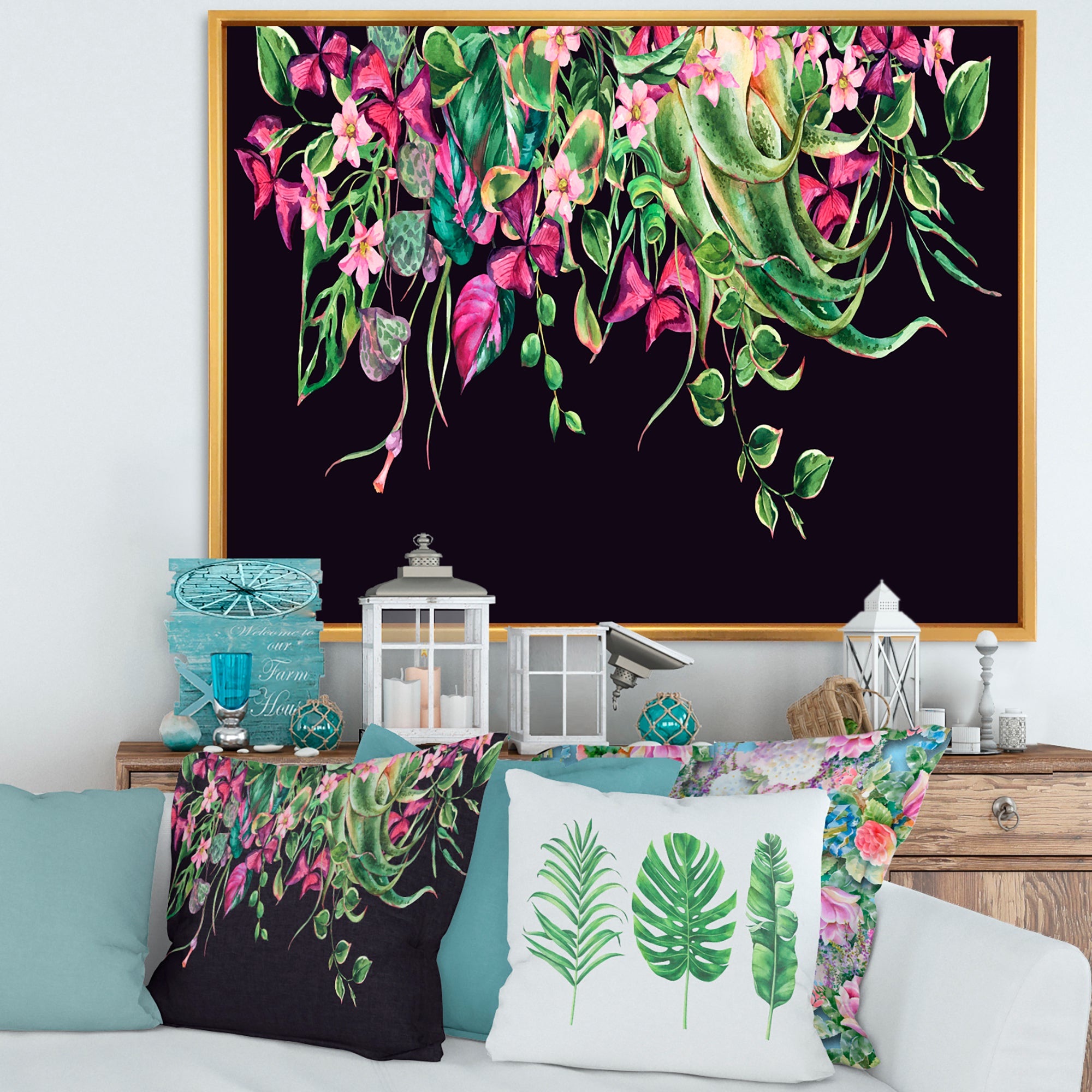 Floral Tropical Leaves Om Black