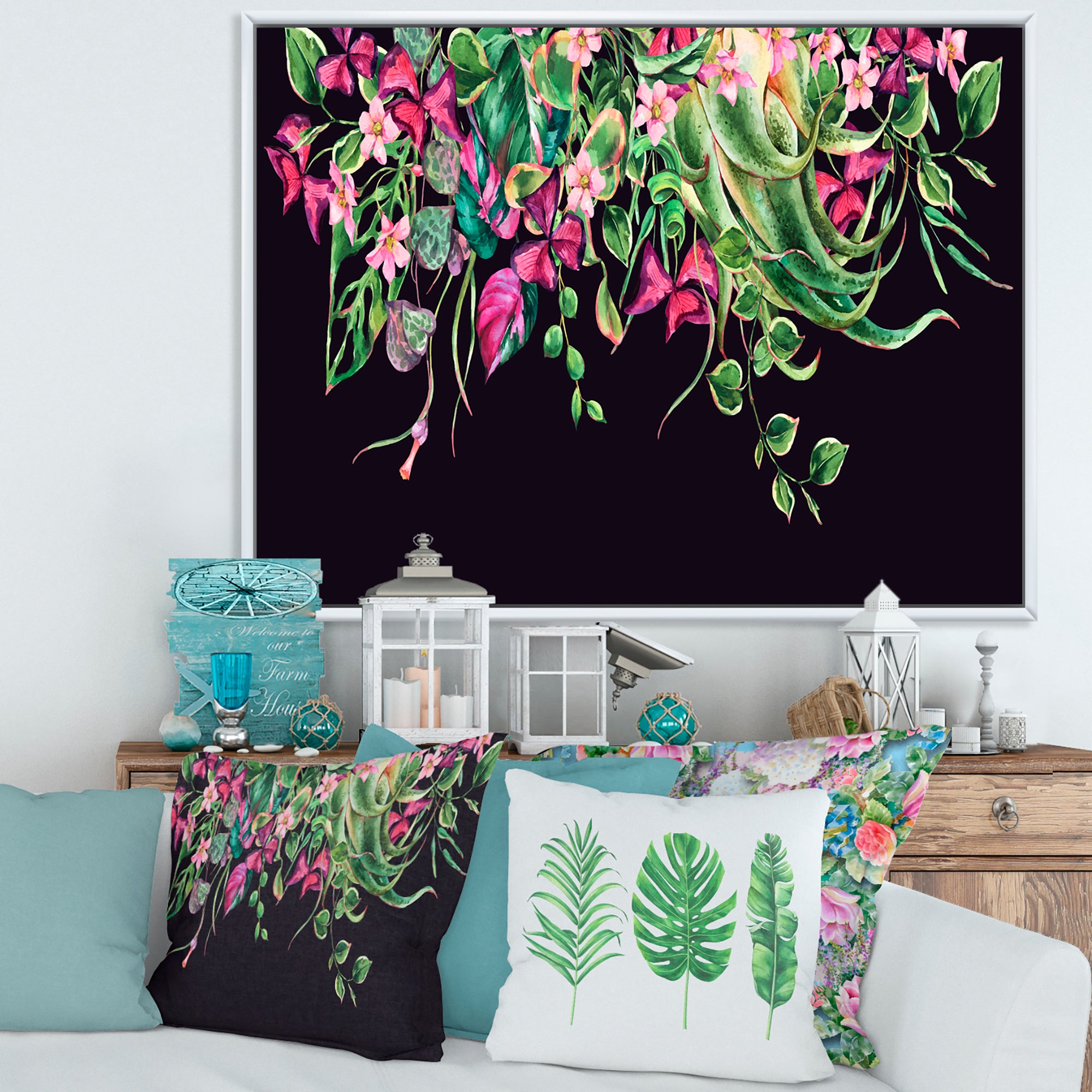 Floral Tropical Leaves Om Black