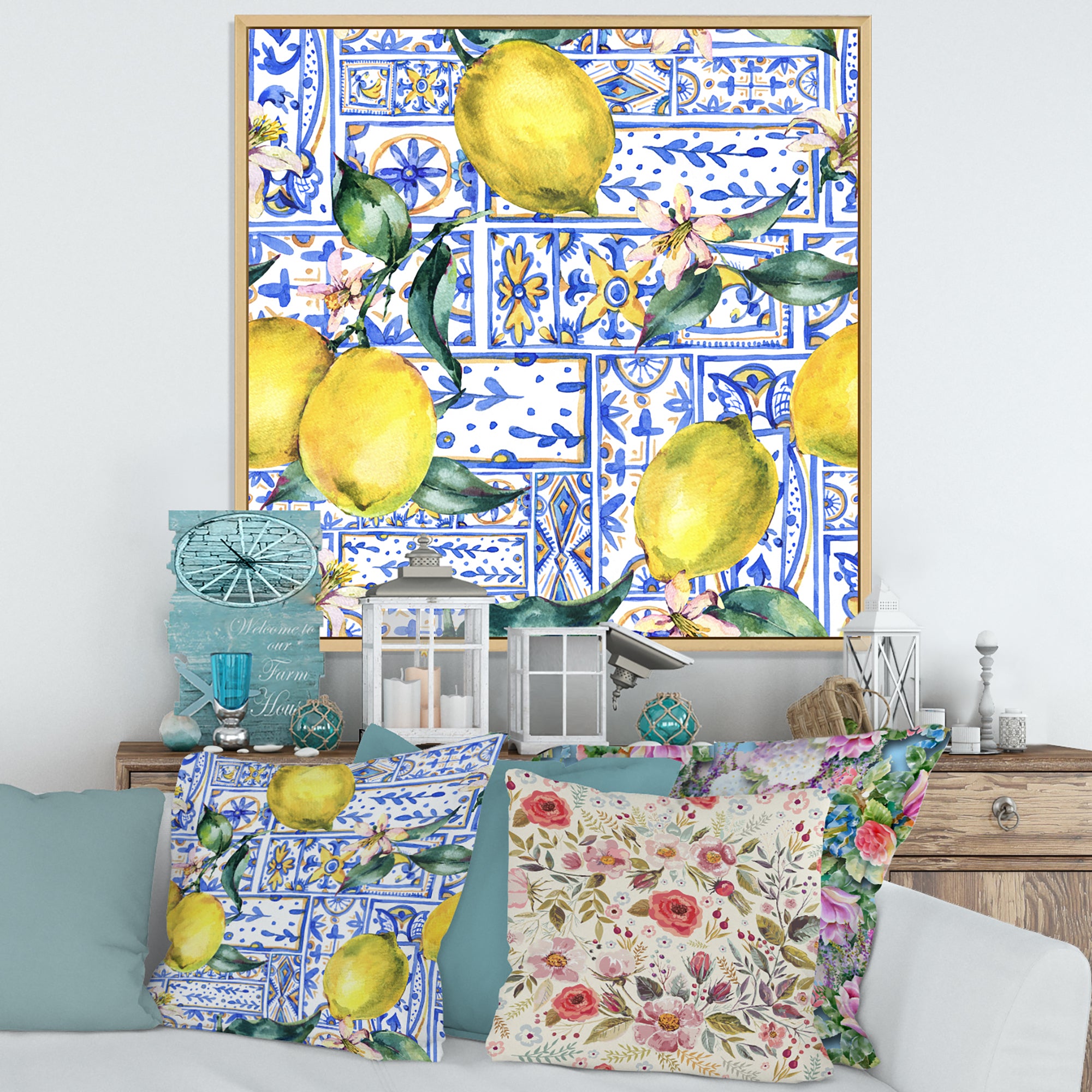 Lemon Ornament On Blue Geometrical Pattern I