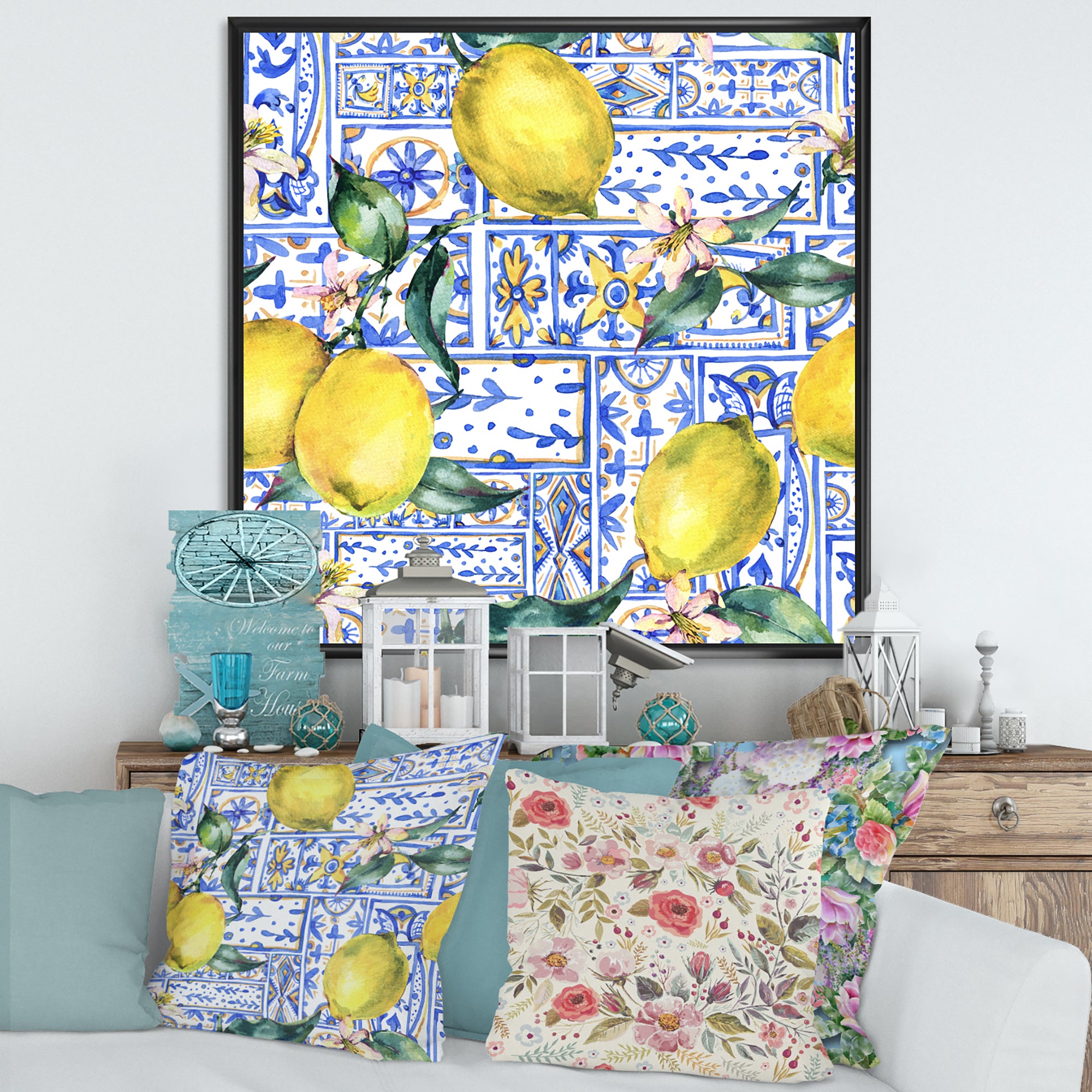 Lemon Ornament On Blue Geometrical Pattern I