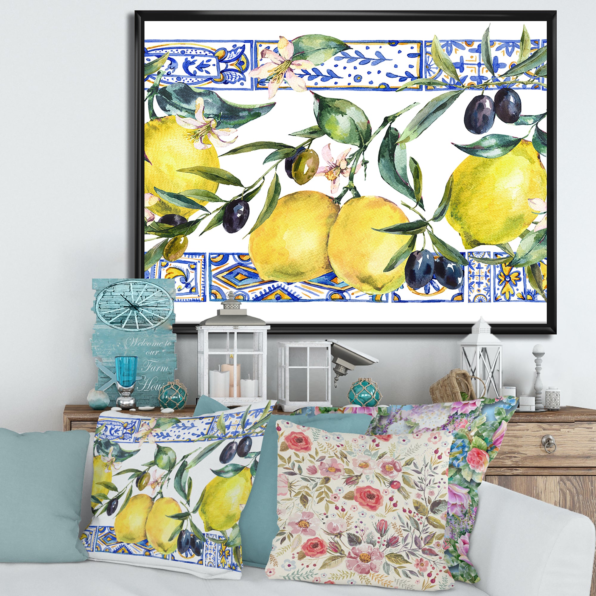 Lemon Ornament On Blue Geometrical Pattern II