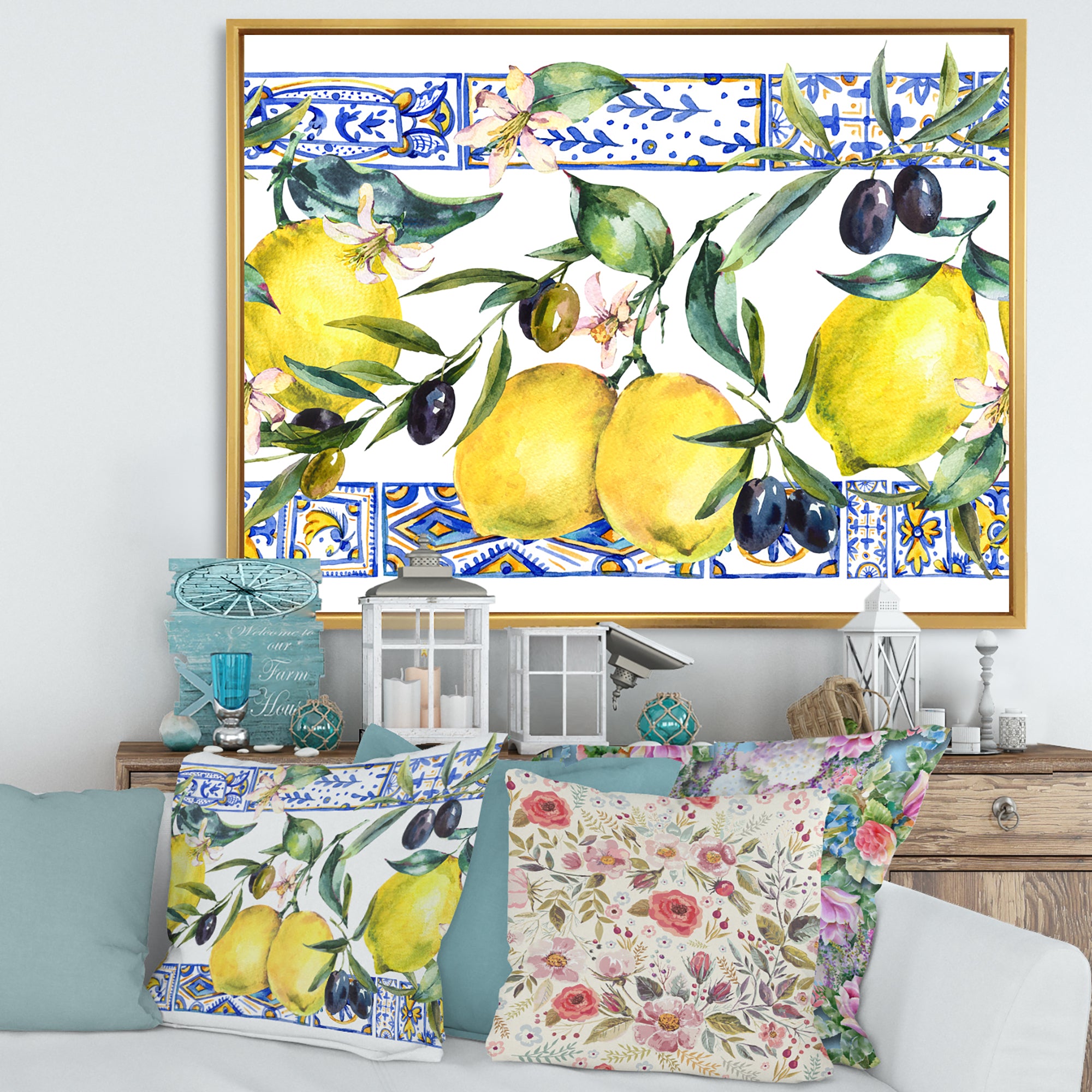 Lemon Ornament On Blue Geometrical Pattern II