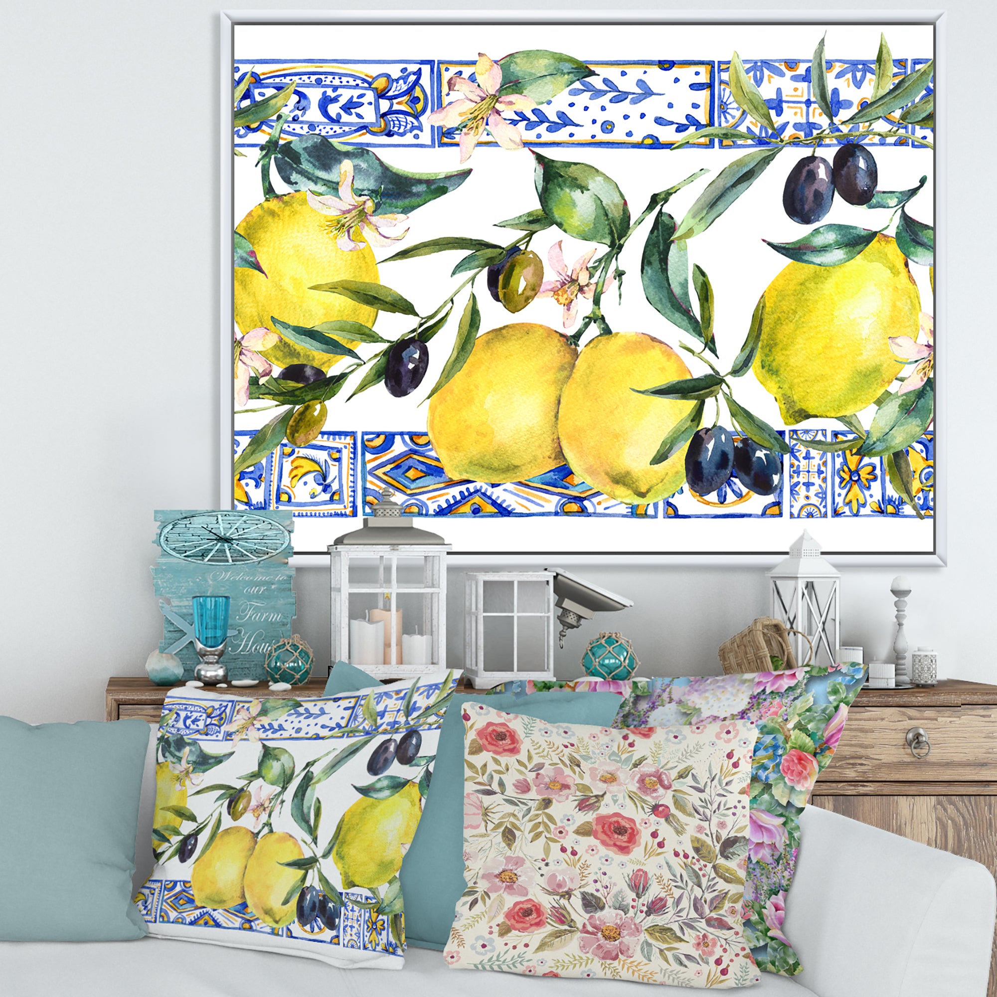 Lemon Ornament On Blue Geometrical Pattern II