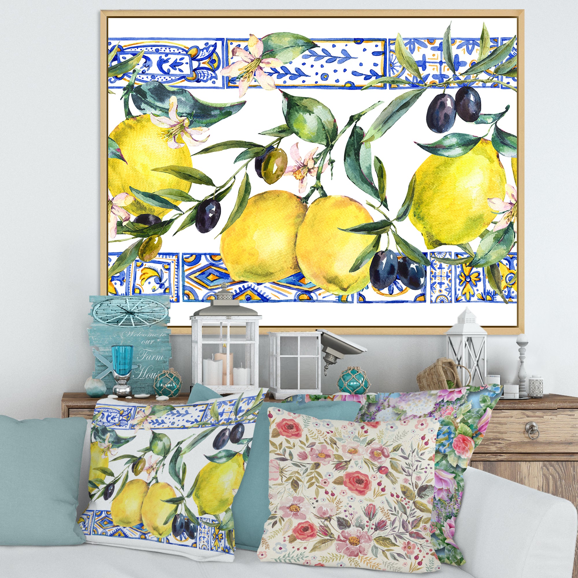 Lemon Ornament On Blue Geometrical Pattern II