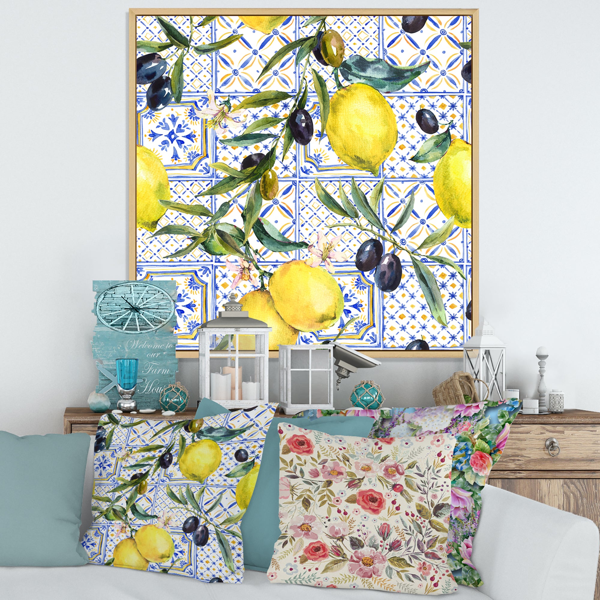 Lemon Ornament On Blue Geometrical Pattern III