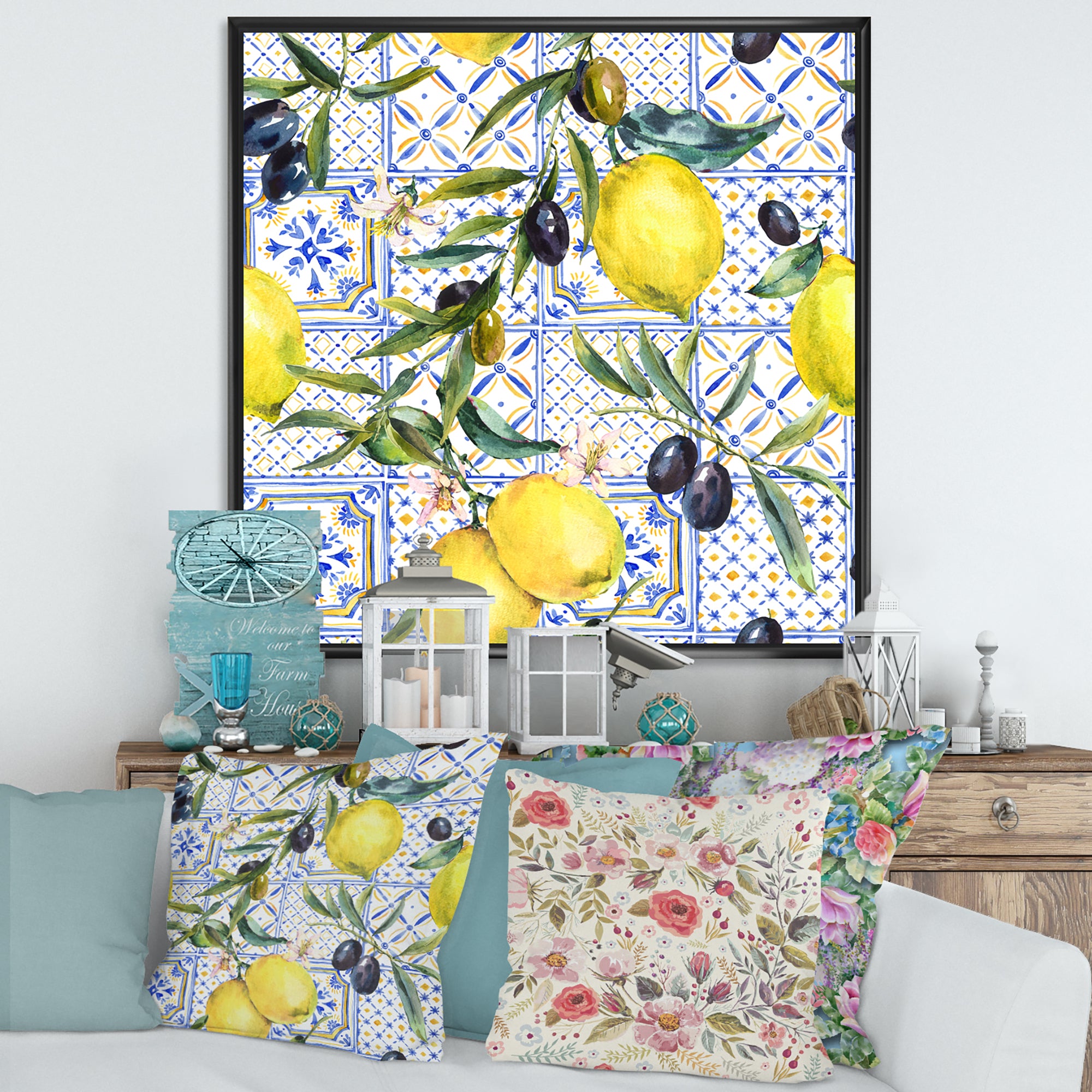 Lemon Ornament On Blue Geometrical Pattern III